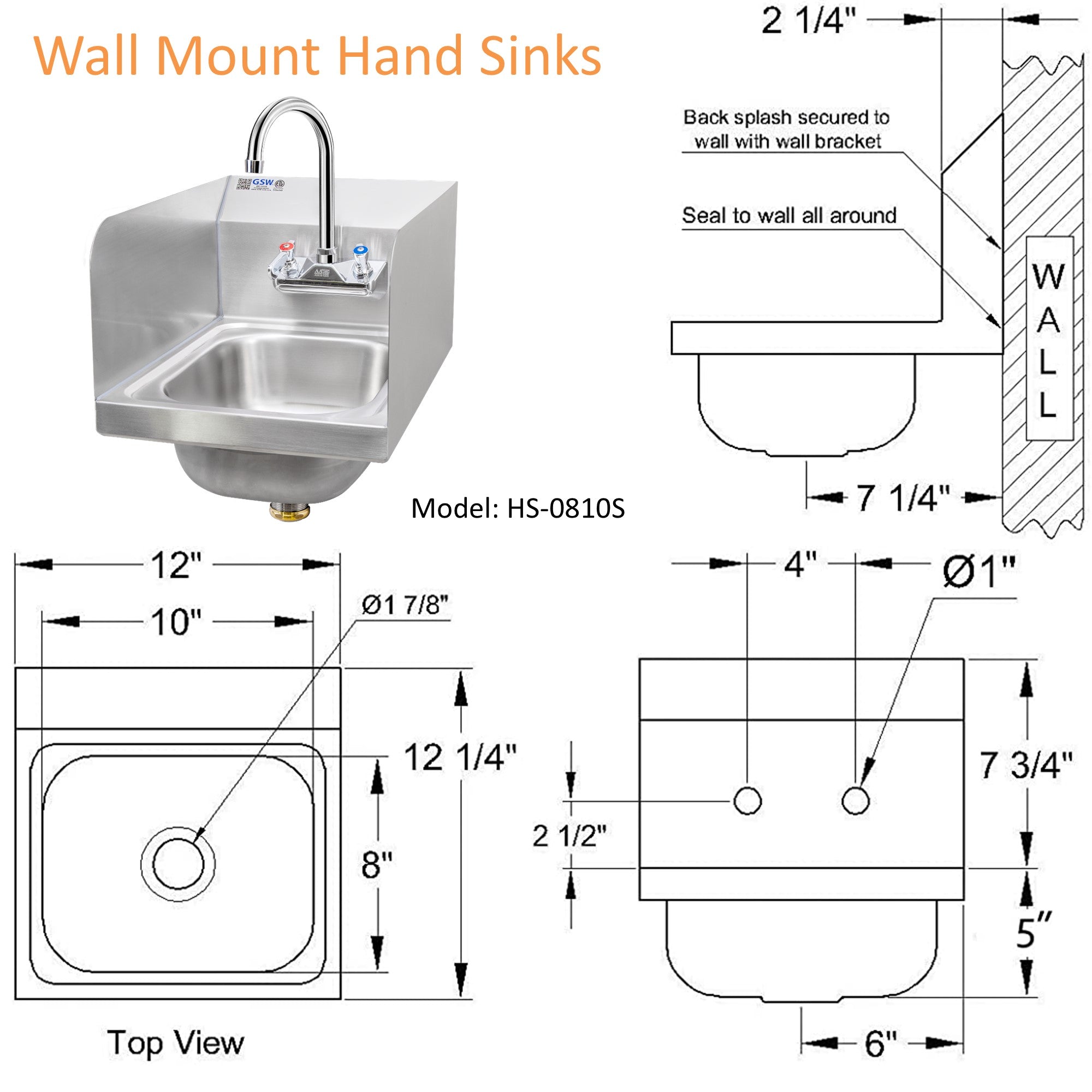 GSW HS-0810S Mini 12" x 12" Commercial Stainless Steel Wall Mount Hand Sink with Gooseneck Faucet and Side Splashguards for Restaurants, Kitchens, Garages, Bars