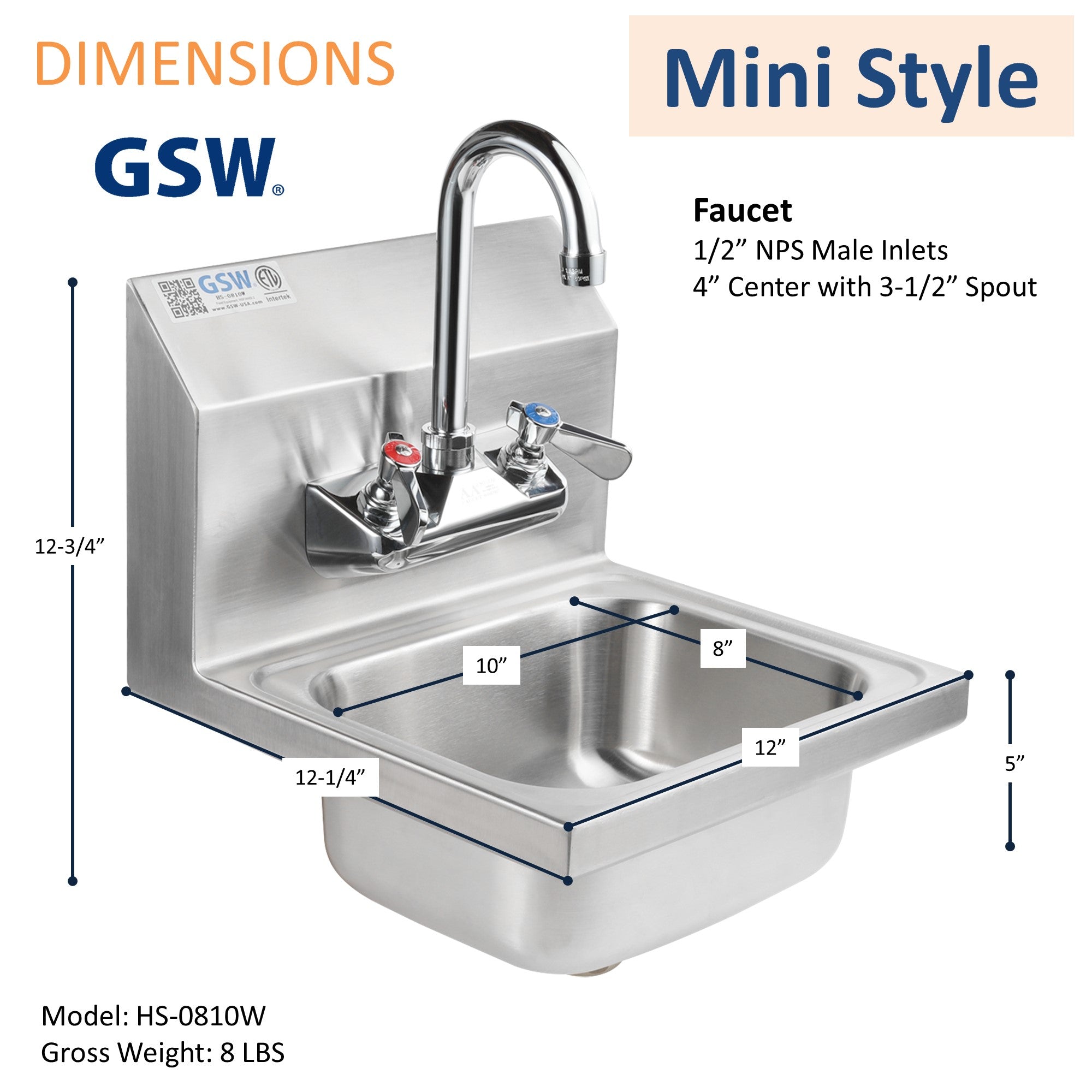 GSW HS-0810W Mini Style 12" x 12" Commercial Stainless Steel Wall Mount Hand Sink with 4" Gooseneck Faucet for Restaurants, Kitchens, Garages, Bars