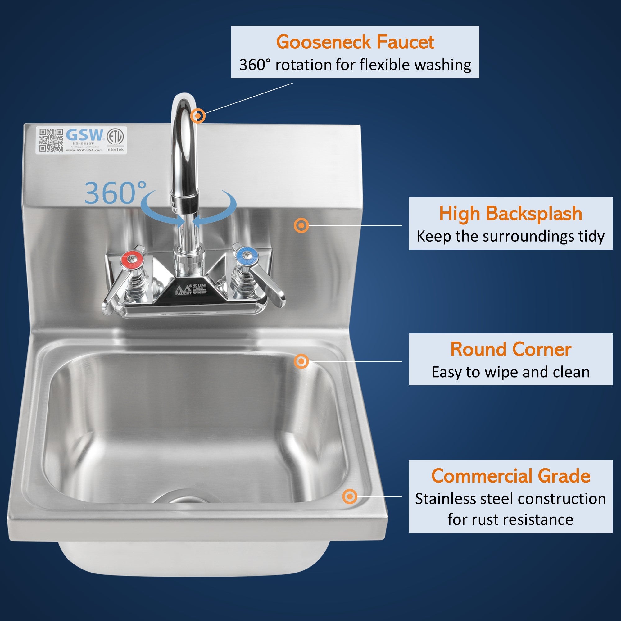 GSW HS-0810W Mini Style 12" x 12" Commercial Stainless Steel Wall Mount Hand Sink with 4" Gooseneck Faucet for Restaurants, Kitchens, Garages, Bars