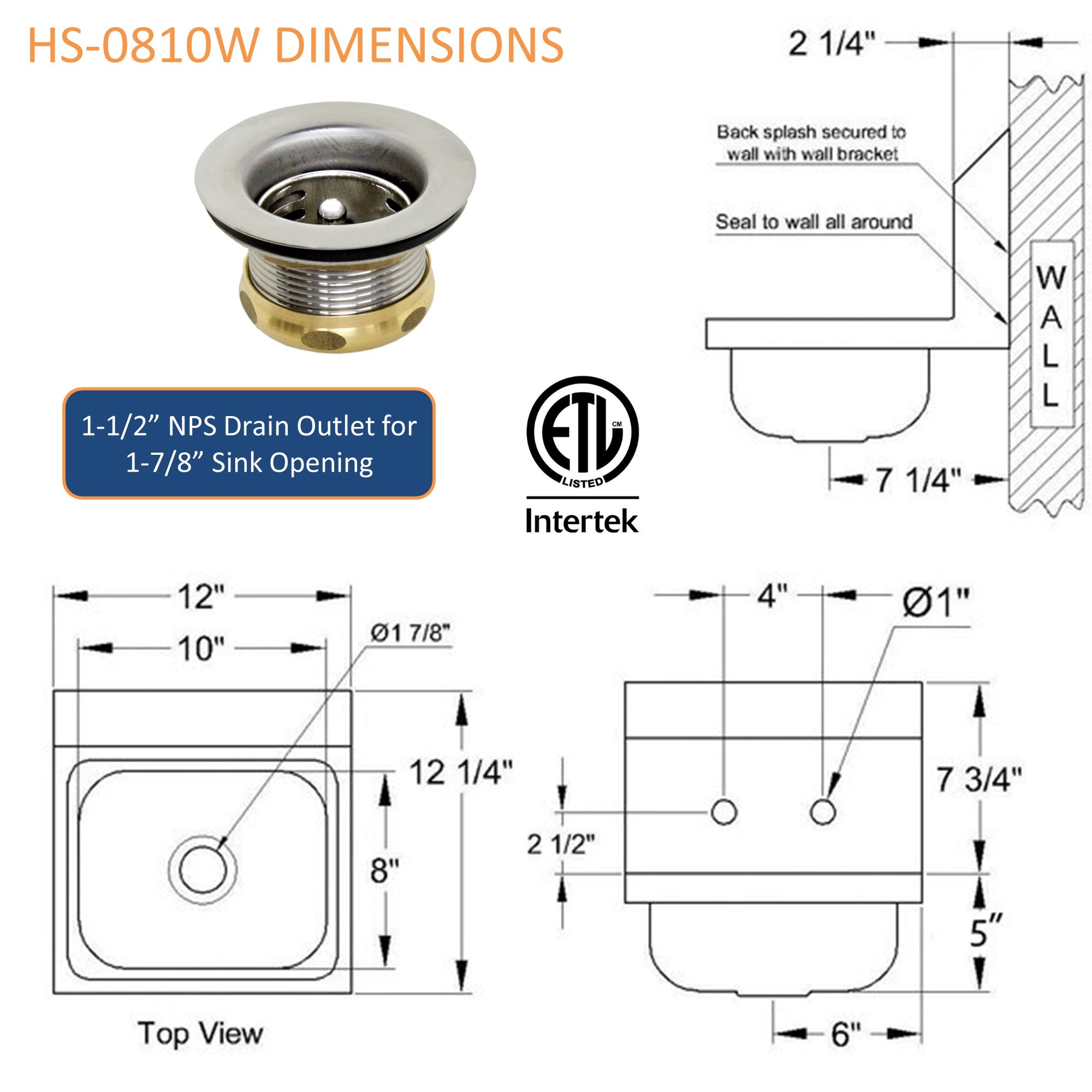 GSW HS-0810W Mini Style 12" x 12" Commercial Stainless Steel Wall Mount Hand Sink with 4" Gooseneck Faucet for Restaurants, Kitchens, Garages, Bars