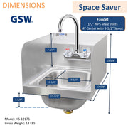 GSW HS-1217S Space Saver 12" x 17" Commercial Stainless Steel Wall Mount Hand Sink with Gooseneck Faucet and Side Splashguards for Restaurants, Kitchens, Garages, Bars