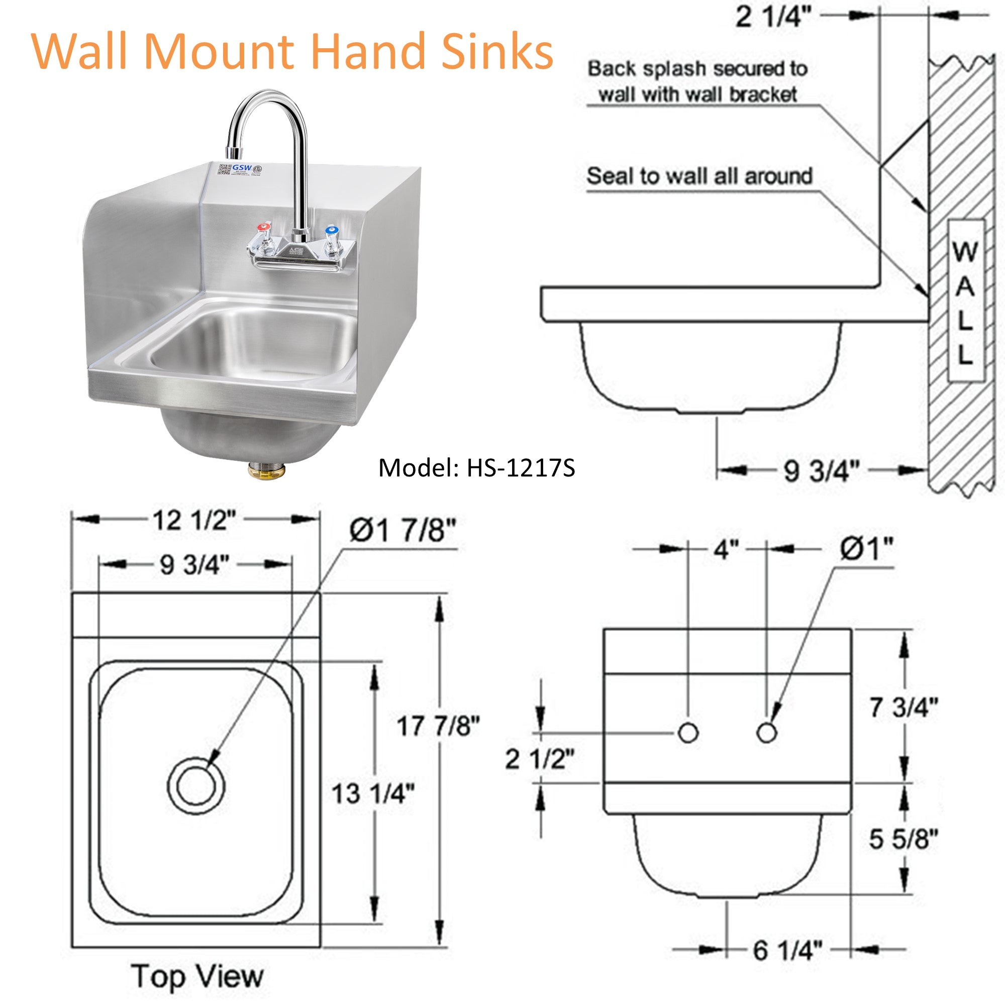 GSW HS-1217S Space Saver 12" x 17" Commercial Stainless Steel Wall Mount Hand Sink with Gooseneck Faucet and Side Splashguards for Restaurants, Kitchens, Garages, Bars