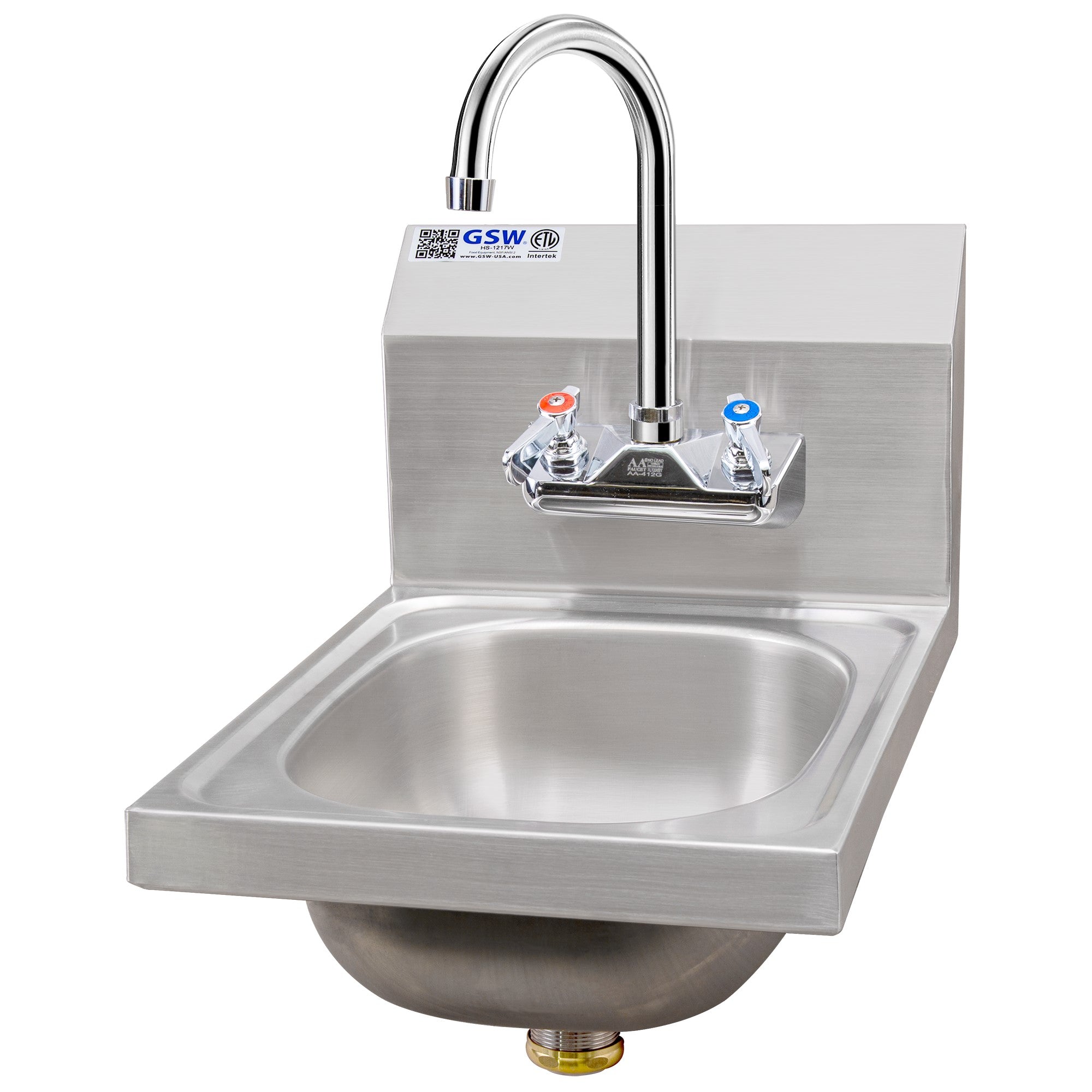 GSW HS-1217W Space Saver 12" x 17" Commercial Stainless Steel Wall Mount Hand Sink with 4" Gooseneck Faucet and Strainer for Restaurants, Kitchens, Garages, Bars