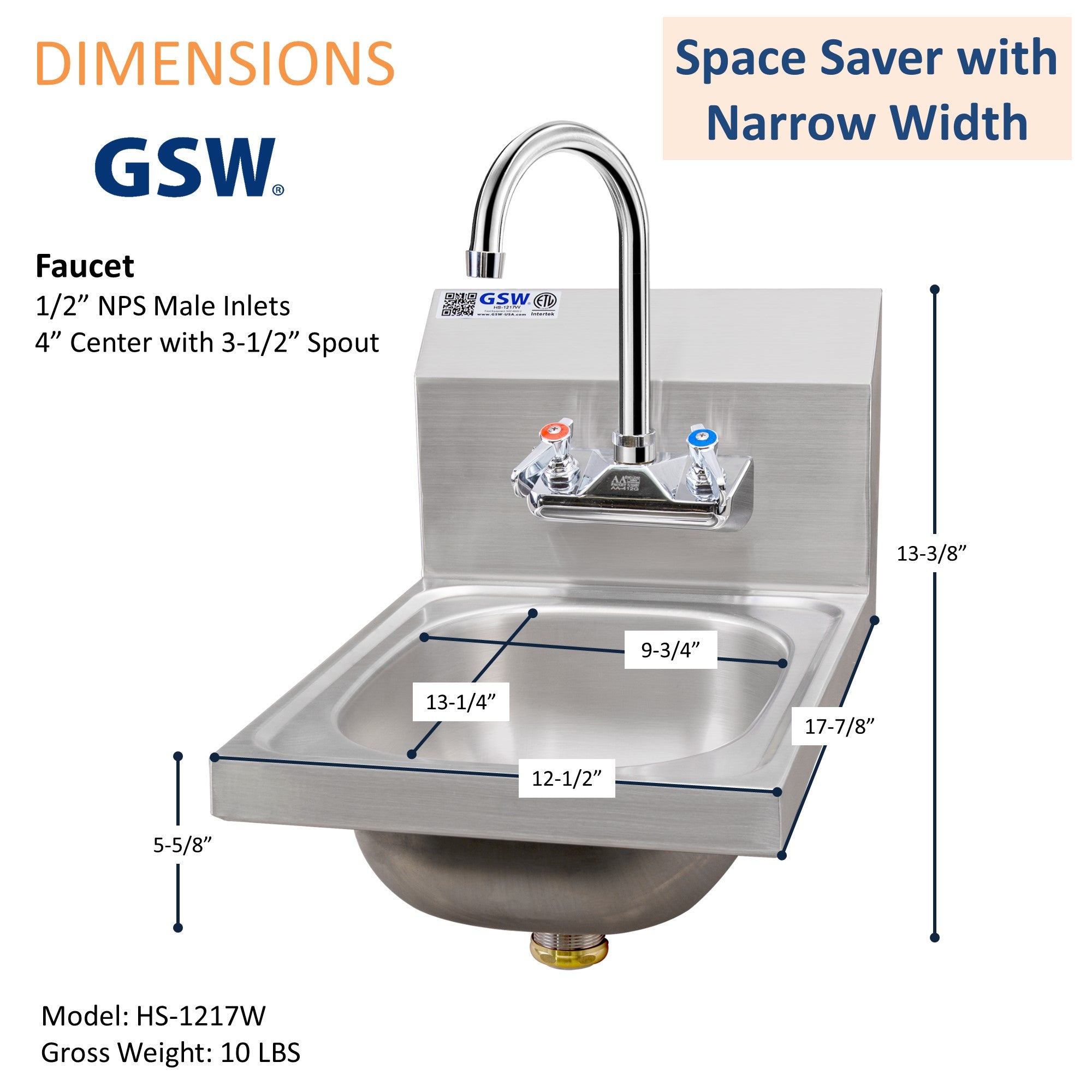 GSW HS-1217W Space Saver 12" x 17" Commercial Stainless Steel Wall Mount Hand Sink with 4" Gooseneck Faucet and Strainer for Restaurants, Kitchens, Garages, Bars