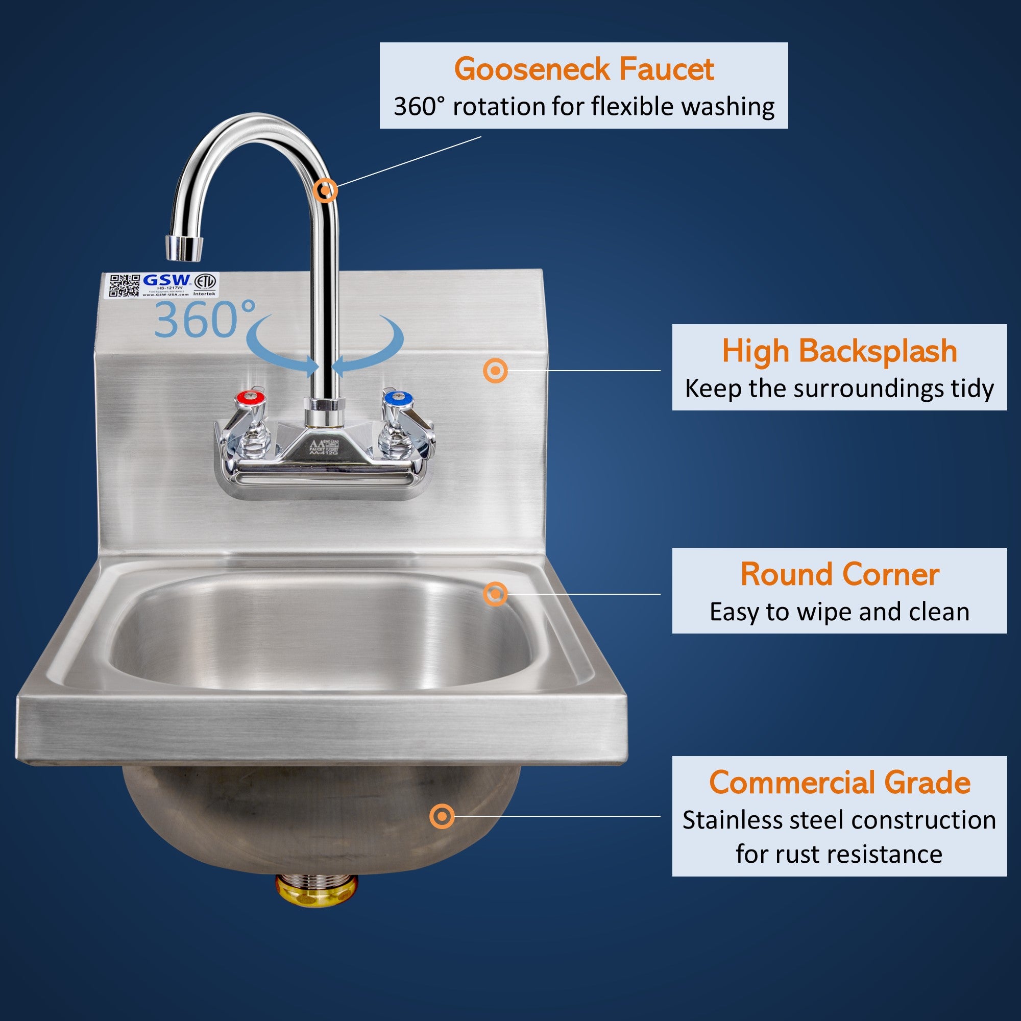 GSW HS-1217W Space Saver 12" x 17" Commercial Stainless Steel Wall Mount Hand Sink with 4" Gooseneck Faucet and Strainer for Restaurants, Kitchens, Garages, Bars