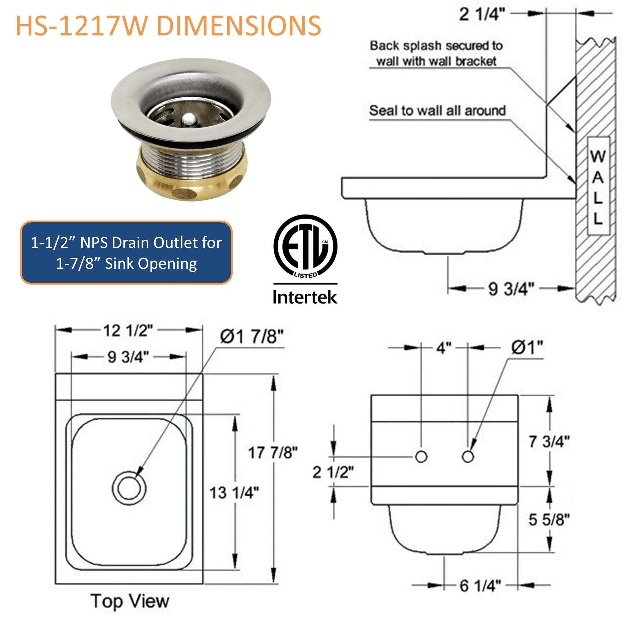 GSW HS-1217W Space Saver 12" x 17" Commercial Stainless Steel Wall Mount Hand Sink with 4" Gooseneck Faucet and Strainer for Restaurants, Kitchens, Garages, Bars