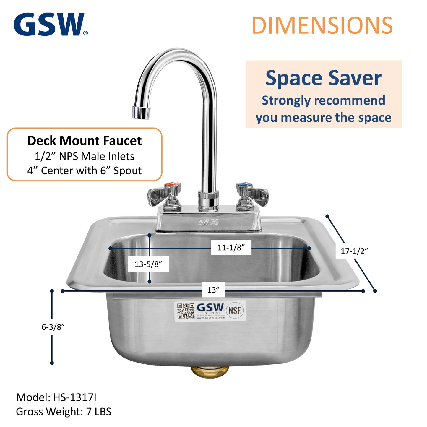 GSW HS-1317I Space Saver 13" x 17" Commercial Stainless Steel Drop-In Hand Sink with Gooseneck Faucet for Restaurants, Kitchens, Clinics, Bars