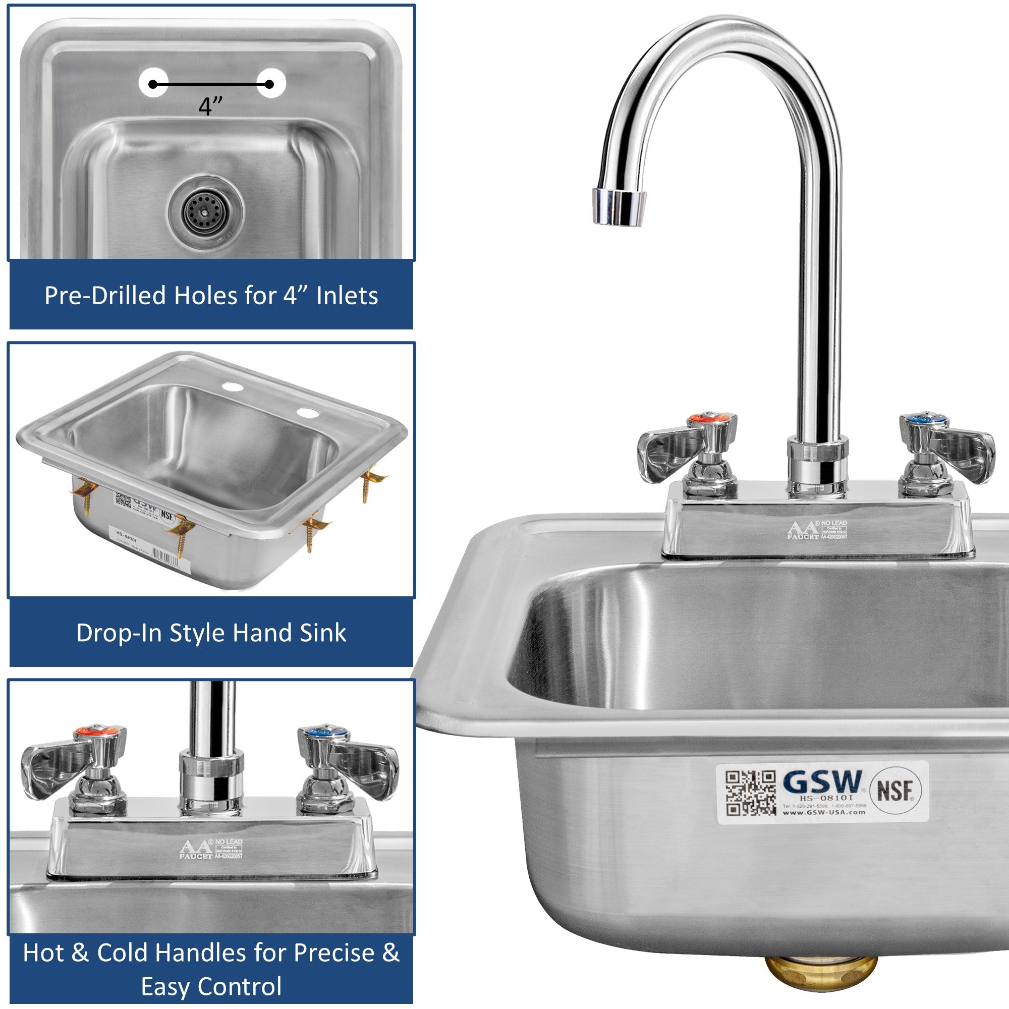 GSW HS-1317I Space Saver 13" x 17" Commercial Stainless Steel Drop-In Hand Sink with Gooseneck Faucet for Restaurants, Kitchens, Clinics, Bars