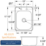 GSW HS-1317I Space Saver 13" x 17" Commercial Stainless Steel Drop-In Hand Sink with Gooseneck Faucet for Restaurants, Kitchens, Clinics, Bars