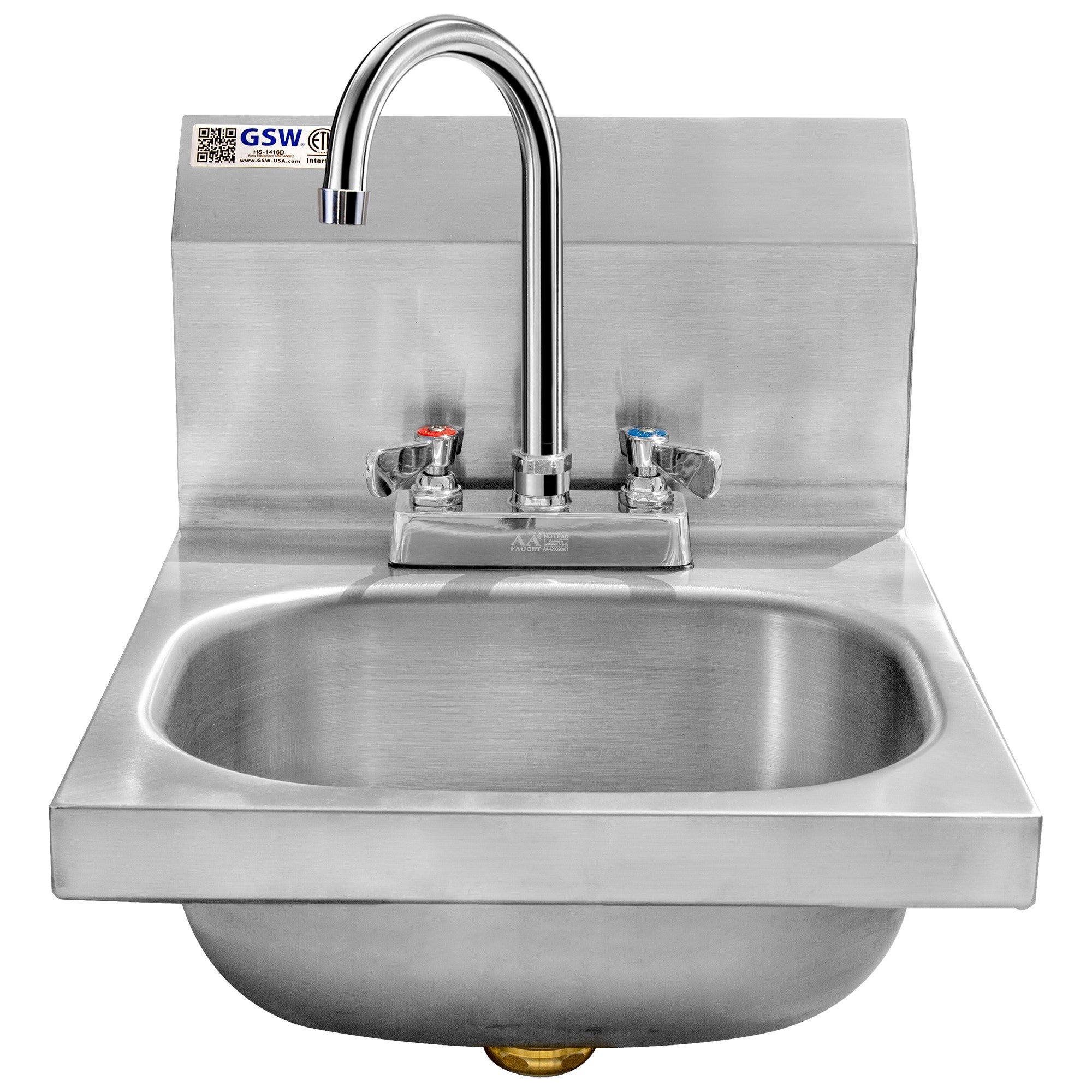 GSW HS-1416D Space Saver 14"x16" Commercial Stainless Steel Wall Mount Hand Sink with 4" Gooseneck Deck Mount Faucet for Restaurants, Kitchens, Garages, Bars