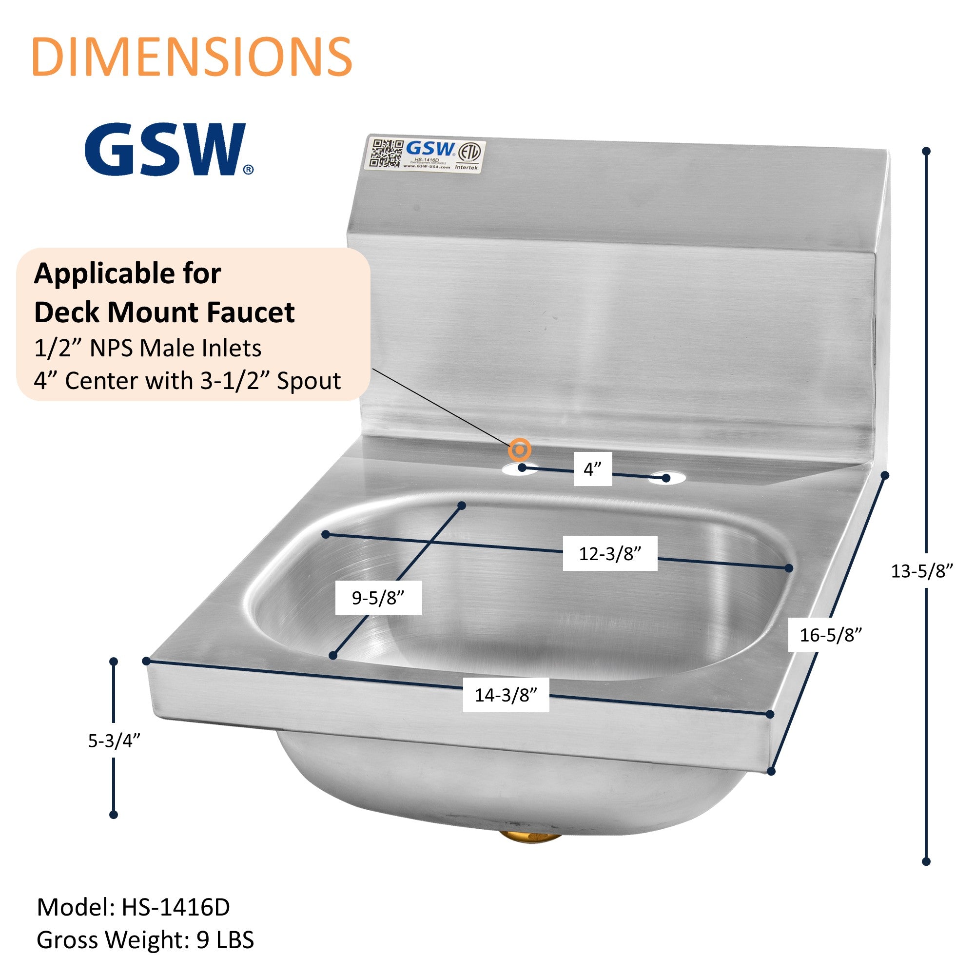 GSW HS-1416D Space Saver 14"x16" Commercial Stainless Steel Wall Mount Hand Sink with 4" Gooseneck Deck Mount Faucet for Restaurants, Kitchens, Garages, Bars