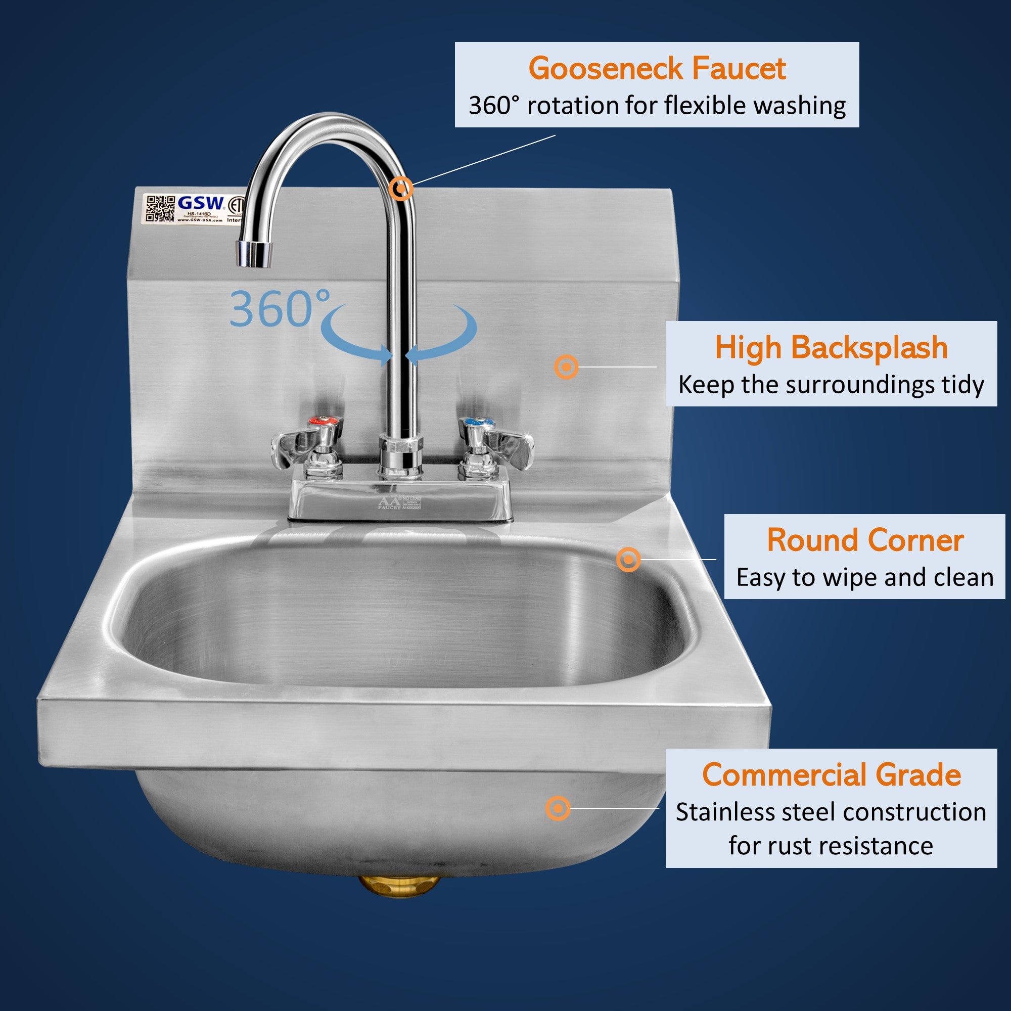 GSW HS-1416D Space Saver 14"x16" Commercial Stainless Steel Wall Mount Hand Sink with 4" Gooseneck Deck Mount Faucet for Restaurants, Kitchens, Garages, Bars