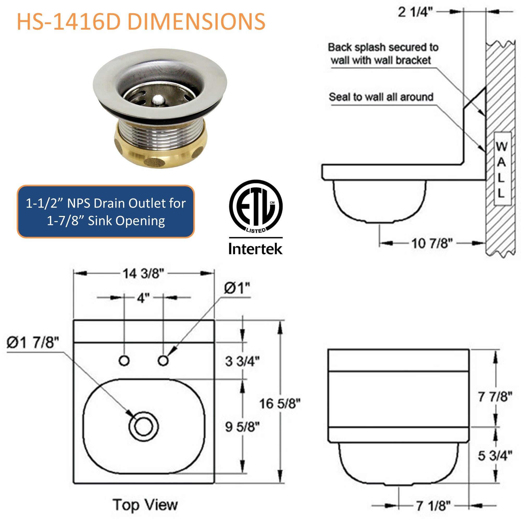 GSW HS-1416D Space Saver 14"x16" Commercial Stainless Steel Wall Mount Hand Sink with 4" Gooseneck Deck Mount Faucet for Restaurants, Kitchens, Garages, Bars