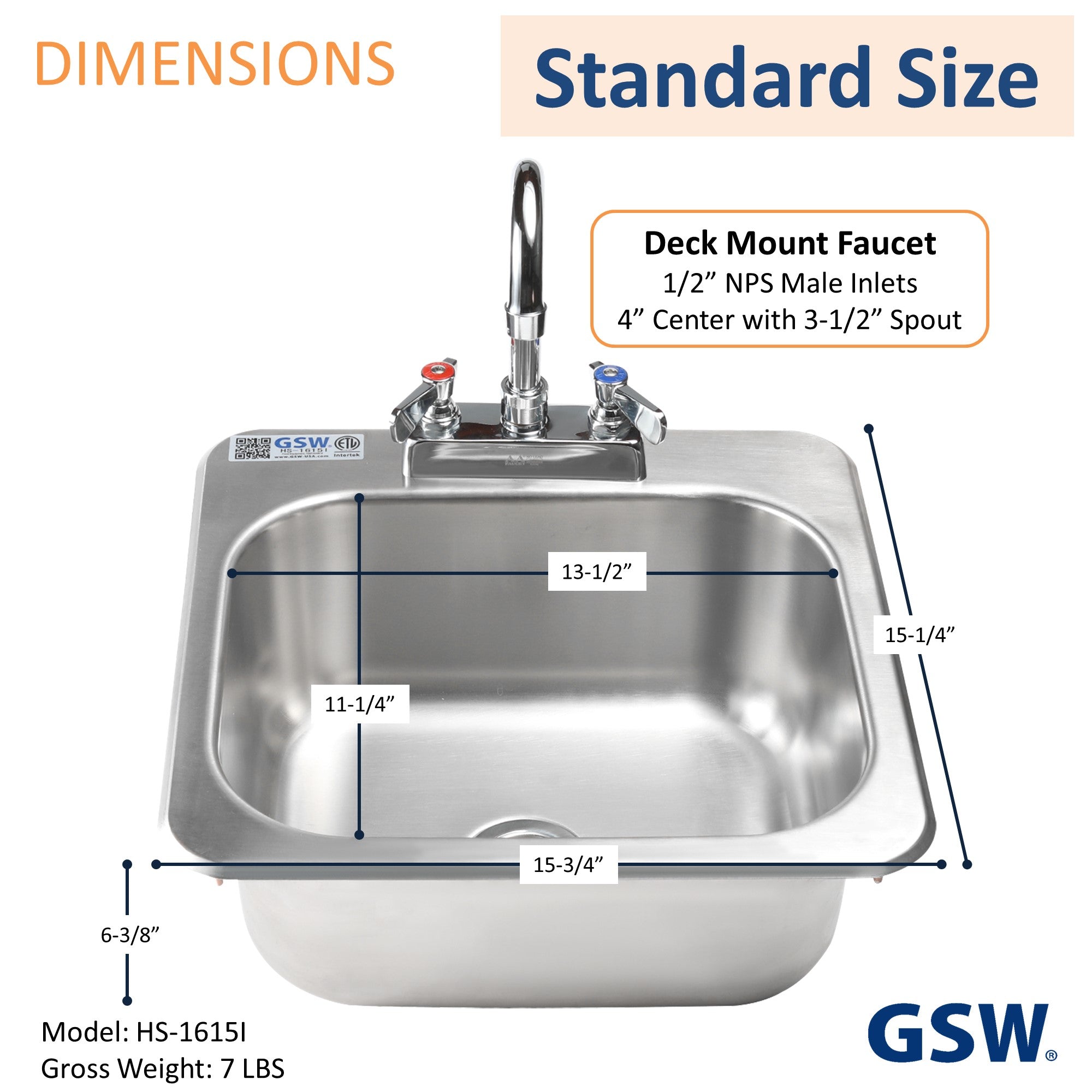 GSW HS-1615I Standard 16" x 15" Commercial Stainless Steel Drop-In Hand Sink with Gooseneck Faucet for Restaurants, Kitchens, Clinics, Bars