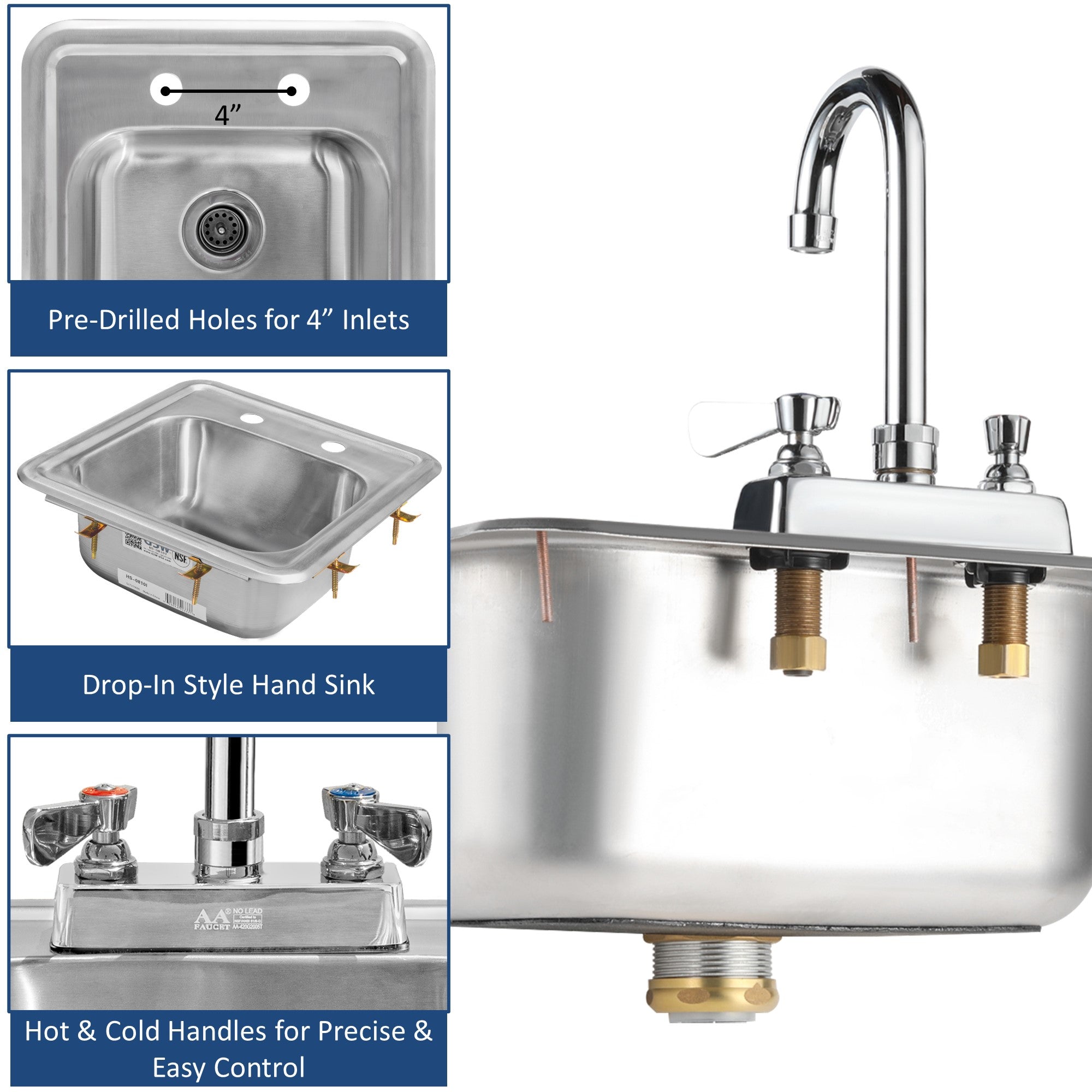 GSW HS-1615I Standard 16" x 15" Commercial Stainless Steel Drop-In Hand Sink with Gooseneck Faucet for Restaurants, Kitchens, Clinics, Bars