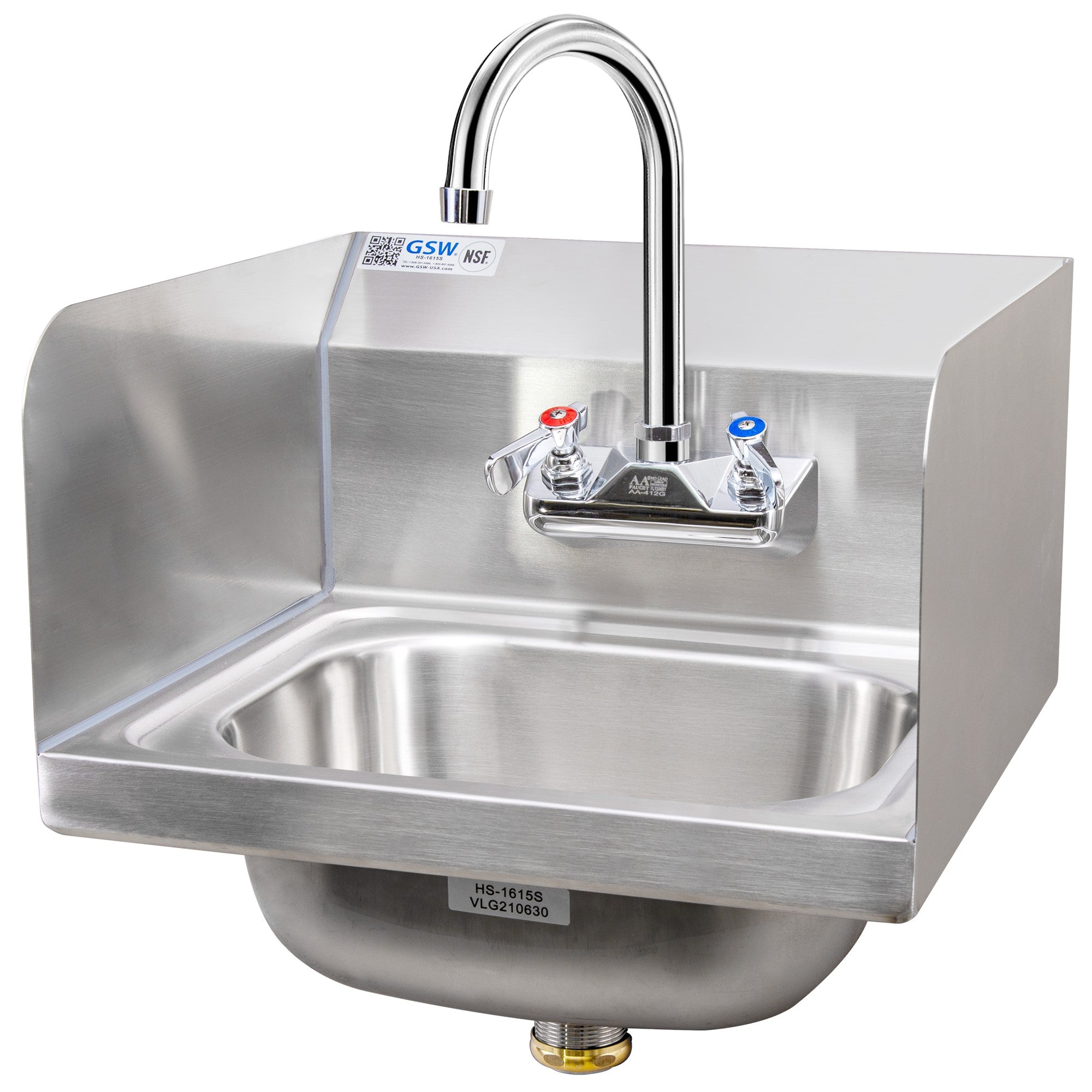 GSW HS-1615S Standard 16" x 15" Commercial Stainless Steel Wall Mount Hand Sink with Gooseneck Faucet and Side Splashguards for Restaurants, Kitchens, Garages, Bars