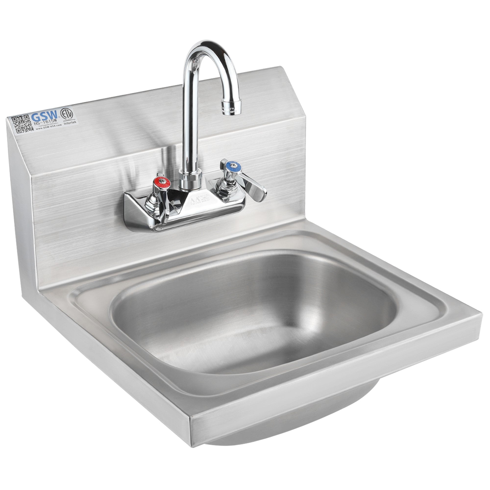 GSW HS-1615W Standard 16" x 15" Commercial Stainless Steel Wall Mount Hand Sink with 4" Gooseneck Faucet and Strainer for Restaurants, Kitchens, Garages, Bars