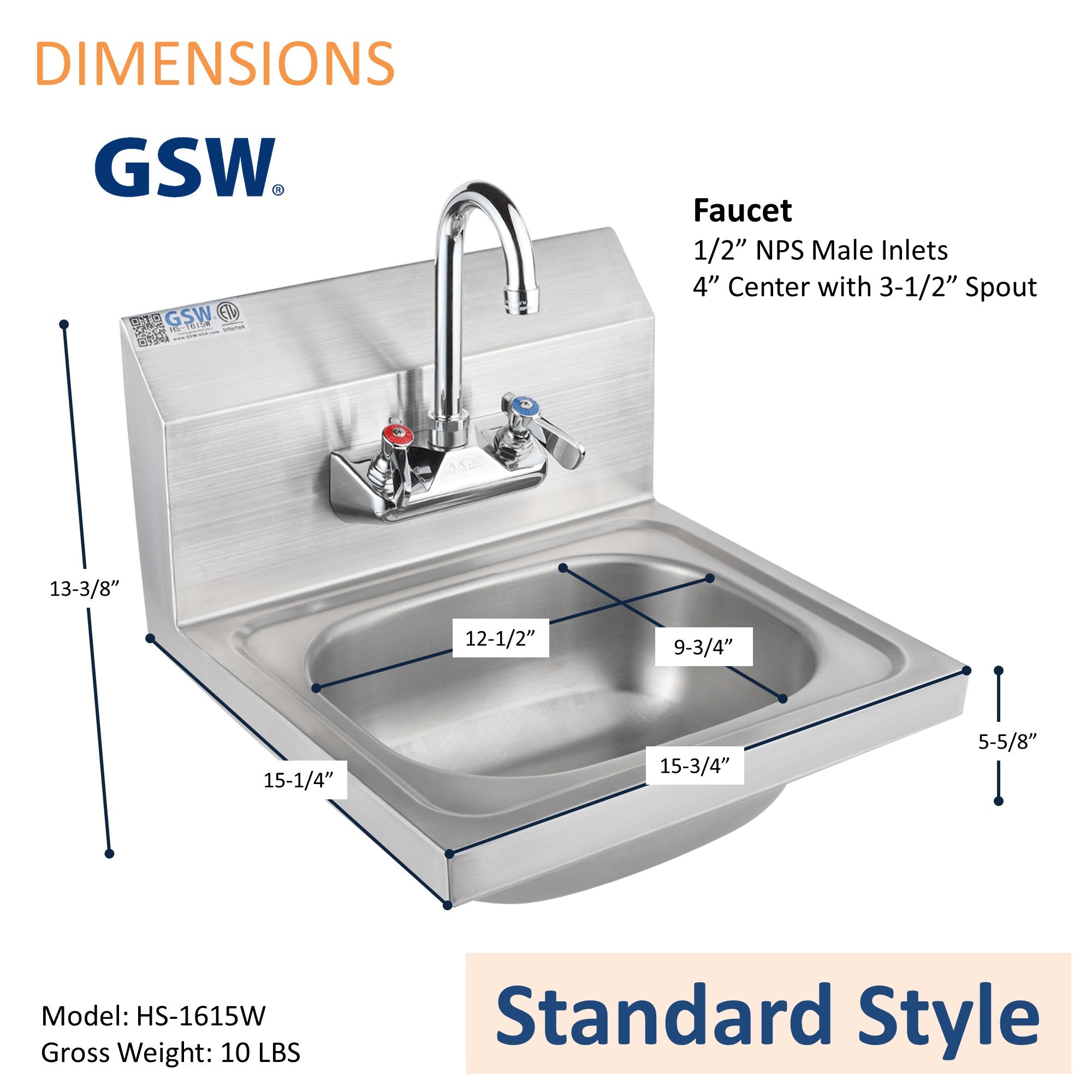 GSW HS-1615W Standard 16" x 15" Commercial Stainless Steel Wall Mount Hand Sink with 4" Gooseneck Faucet and Strainer for Restaurants, Kitchens, Garages, Bars