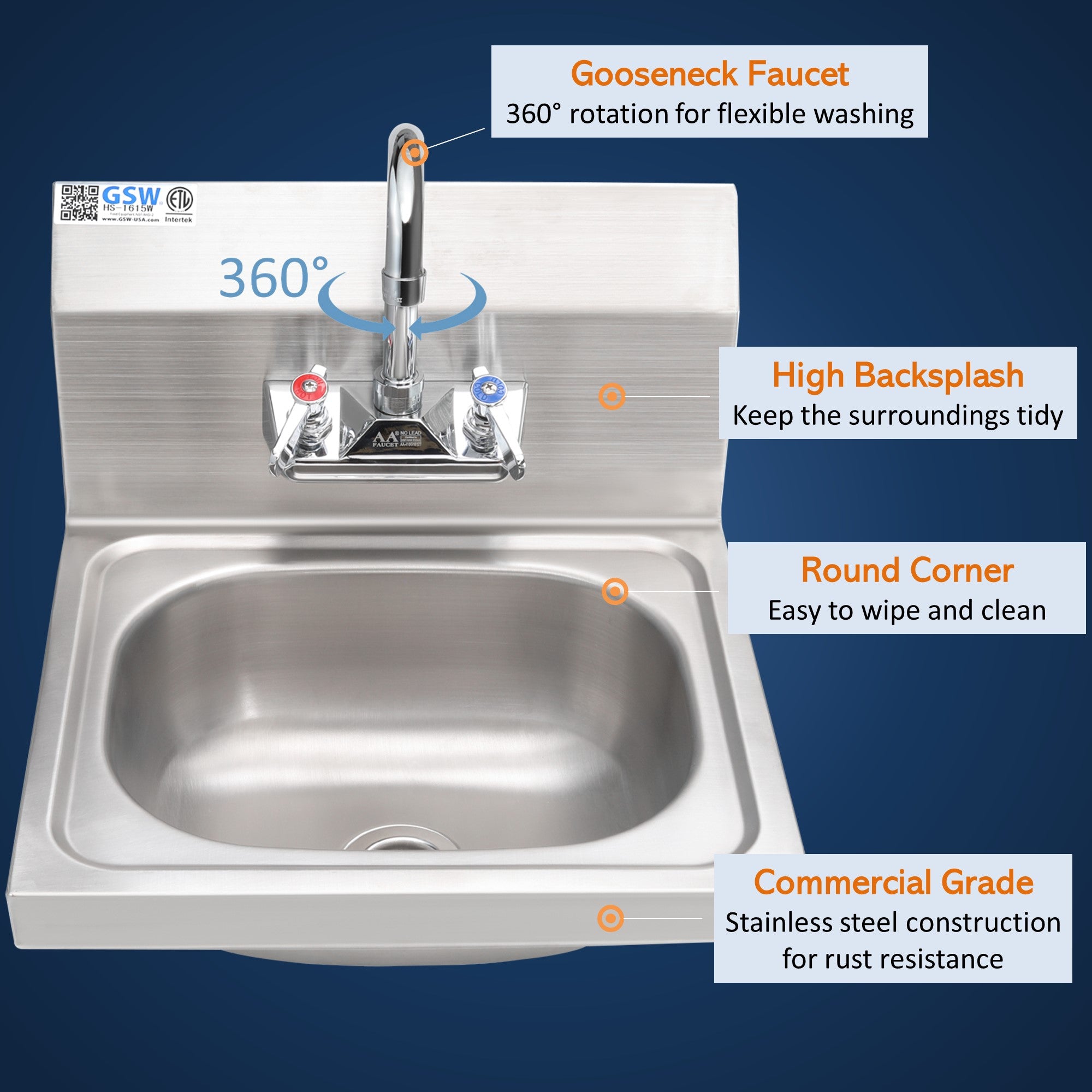 GSW HS-1615W Standard 16" x 15" Commercial Stainless Steel Wall Mount Hand Sink with 4" Gooseneck Faucet and Strainer for Restaurants, Kitchens, Garages, Bars