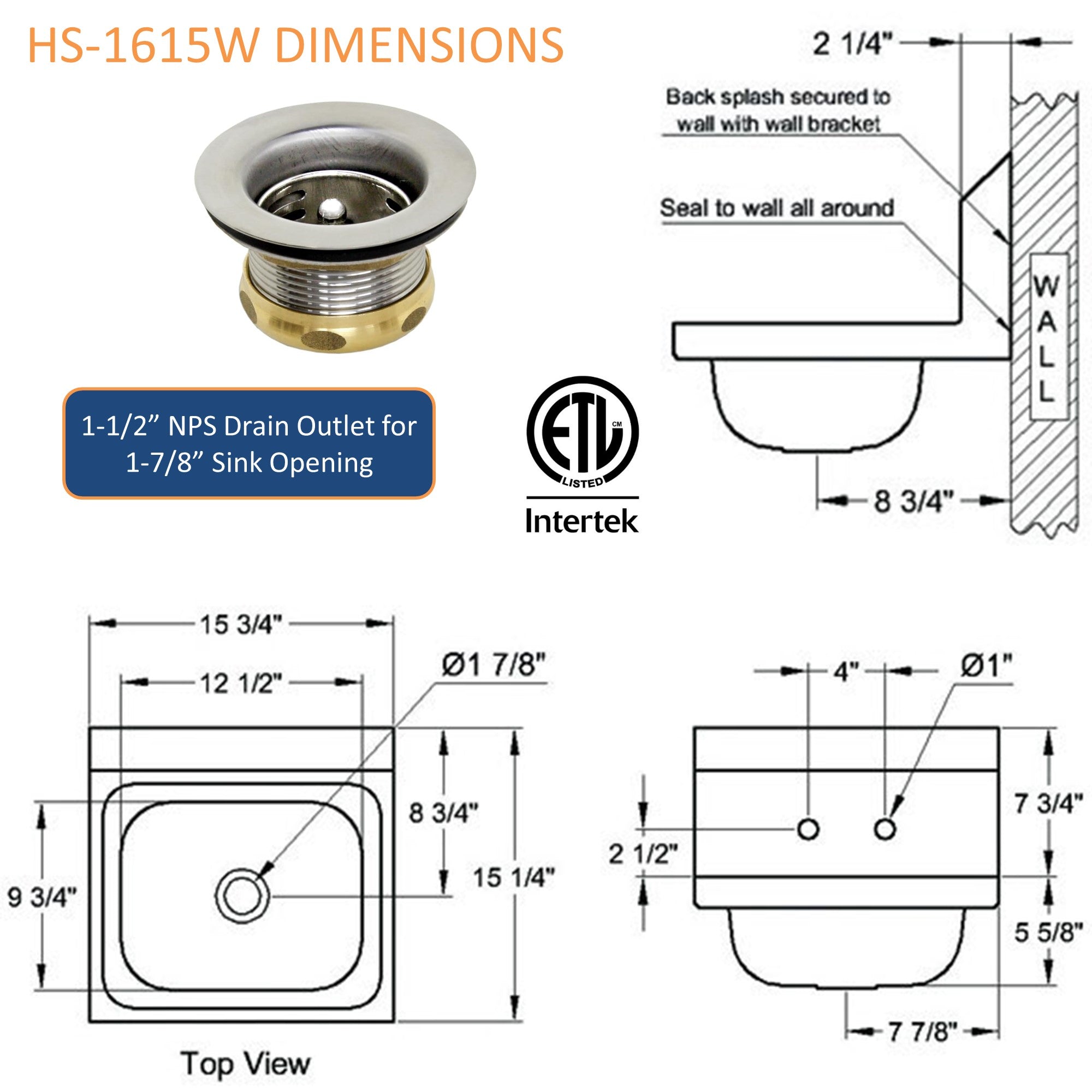 GSW HS-1615W Standard 16" x 15" Commercial Stainless Steel Wall Mount Hand Sink with 4" Gooseneck Faucet and Strainer for Restaurants, Kitchens, Garages, Bars