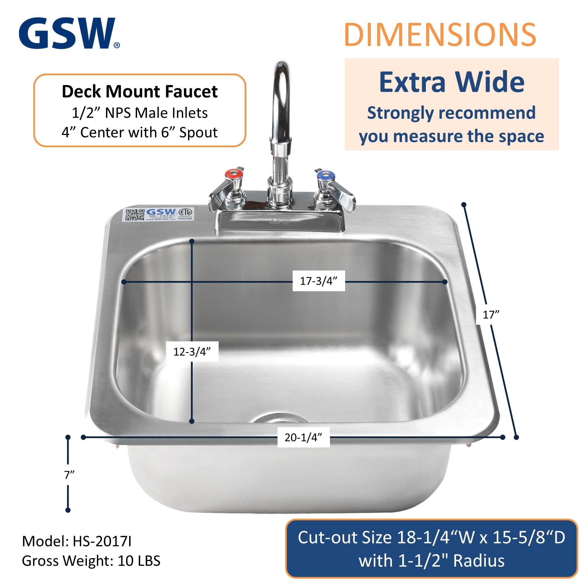 GSW HS-2017I Extra Wide 20" x 17" Commercial Stainless Steel Drop-In Hand Sink with Gooseneck Faucet for Restaurants, Kitchens, Clinics, Bars