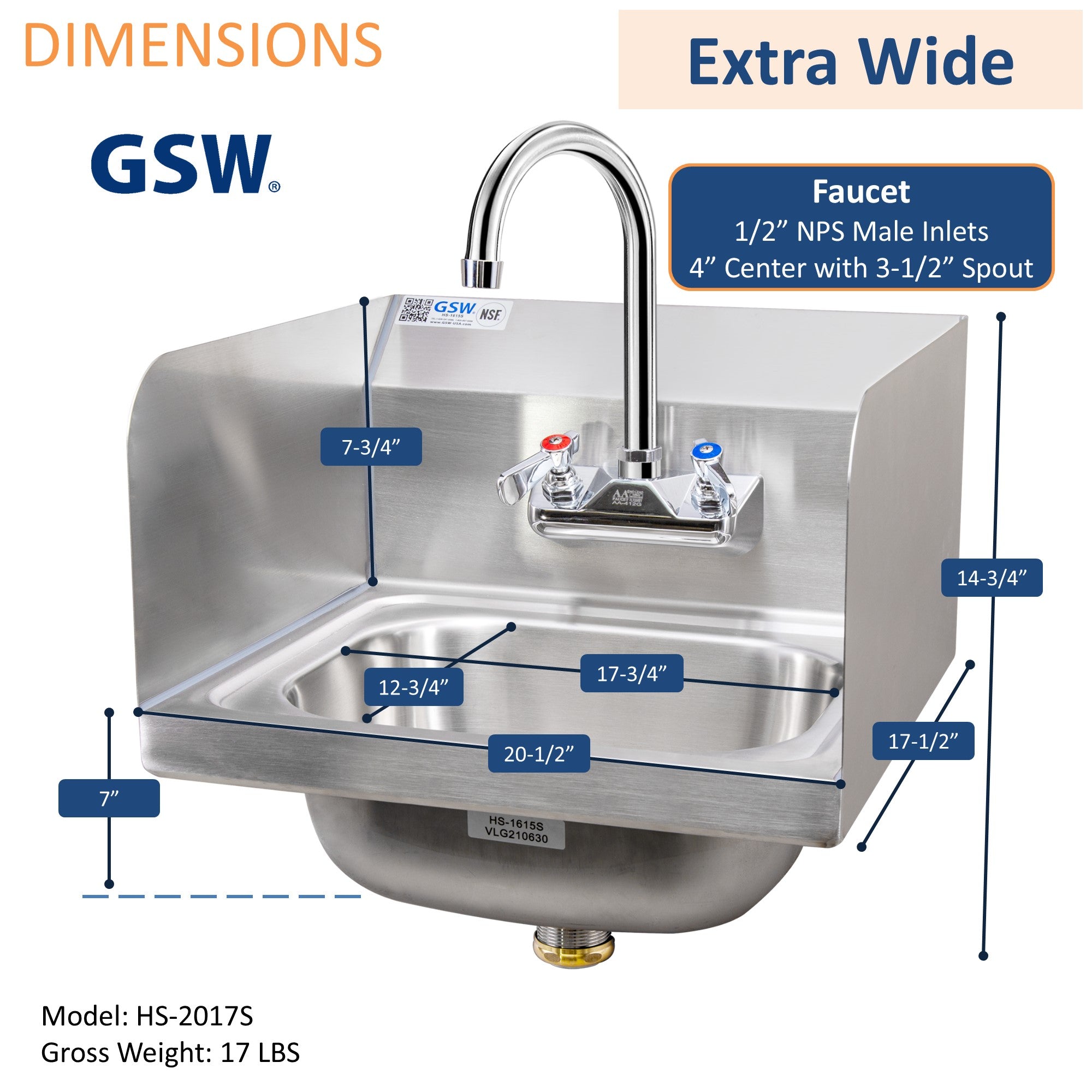 GSW HS-2017S Extra Wide 20" x 17" Commercial Stainless Steel Wall Mount Hand Sink with Gooseneck Faucet and Side Splashguards for Restaurants, Kitchens, Garages, Bars