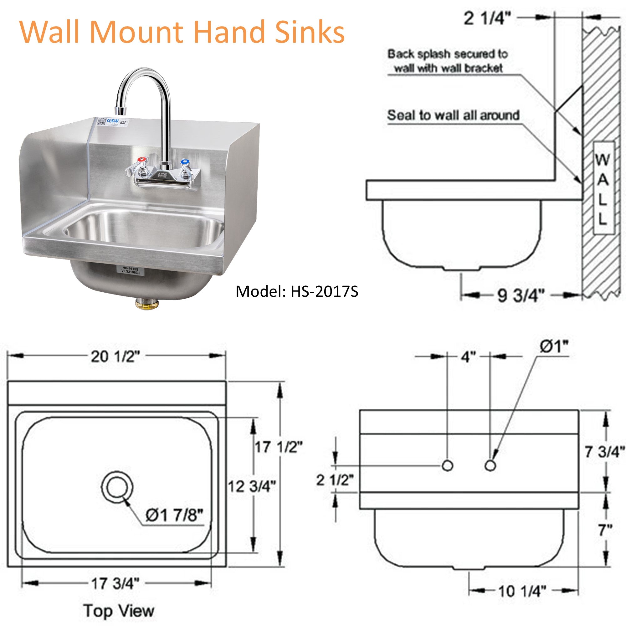 GSW HS-2017S Extra Wide 20" x 17" Commercial Stainless Steel Wall Mount Hand Sink with Gooseneck Faucet and Side Splashguards for Restaurants, Kitchens, Garages, Bars