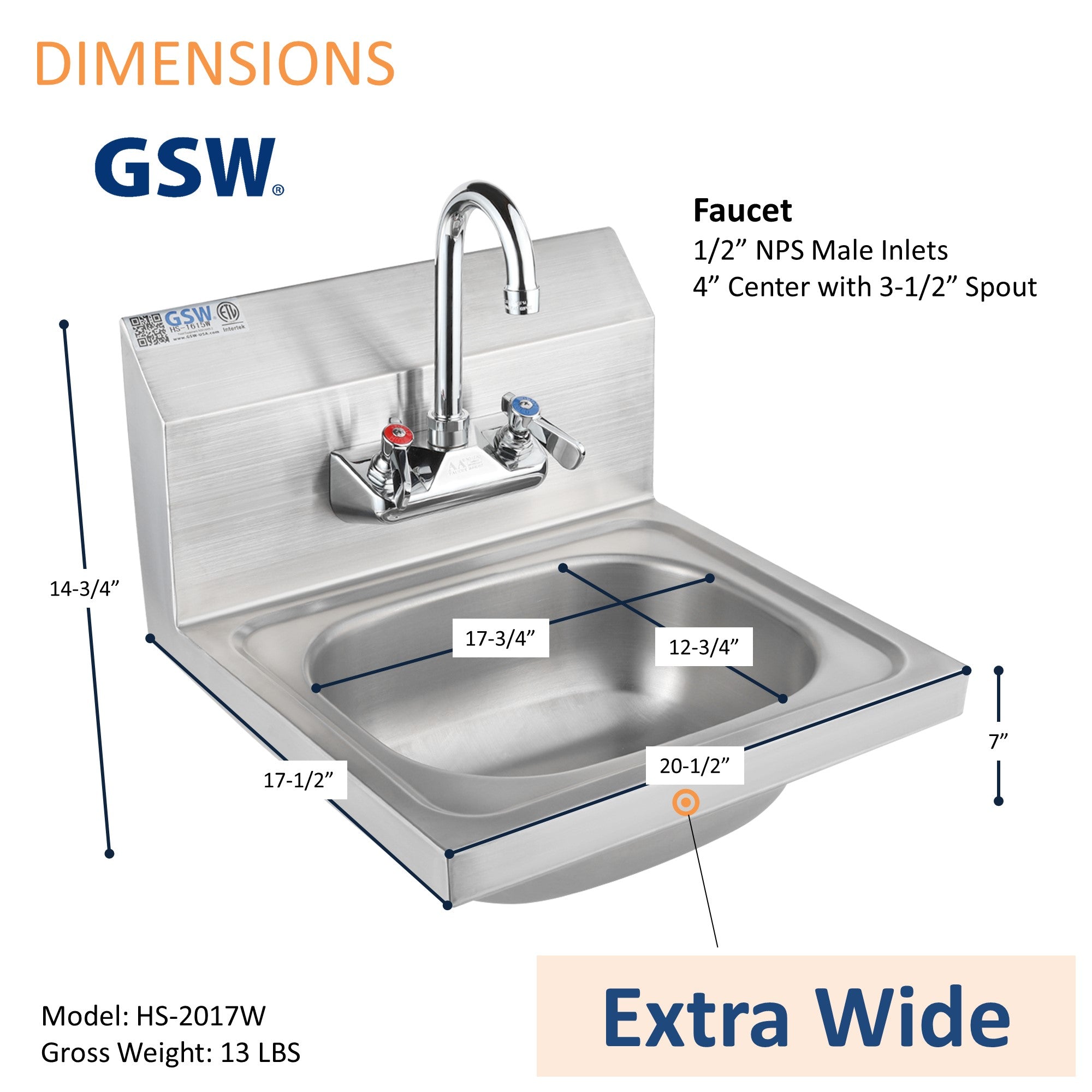 GSW HS-2017W Extra Wide 20" x 17" Commercial Stainless Steel Wall Mount Hand Sink with 4" Gooseneck Faucet and Strainer for Restaurants, Kitchens, Garages, Bars