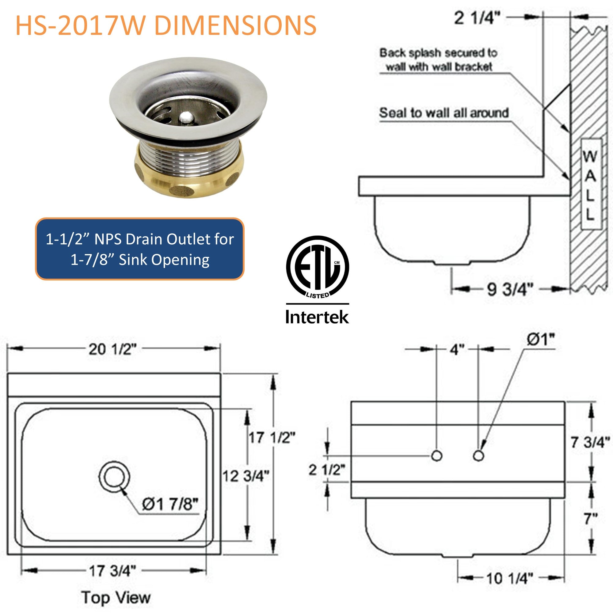 GSW HS-2017W Extra Wide 20" x 17" Commercial Stainless Steel Wall Mount Hand Sink with 4" Gooseneck Faucet and Strainer for Restaurants, Kitchens, Garages, Bars