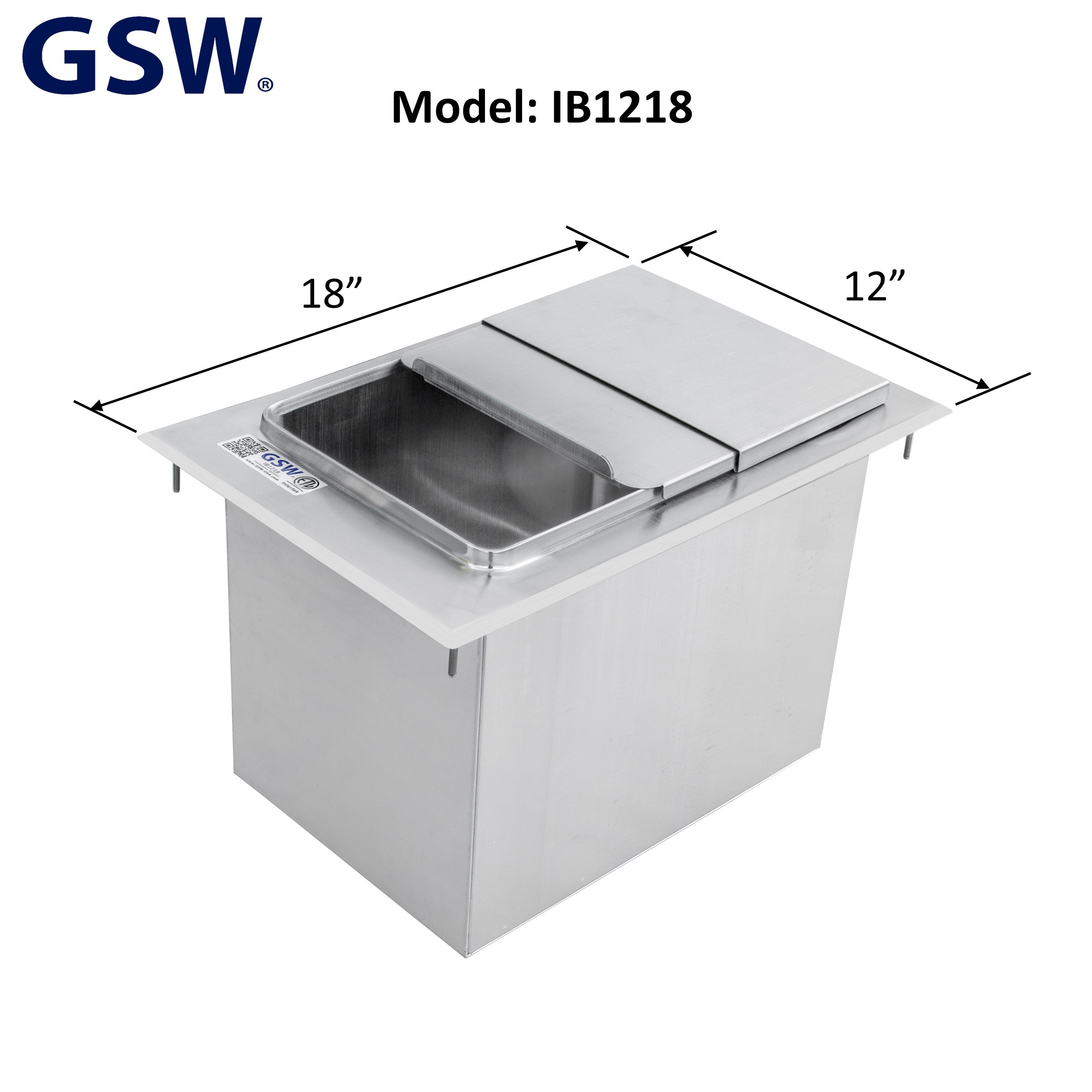 GSW IB1218 Stainless Steel Drop-In Ice Bin 18”D x 12”W x 14”H with Removable Sliding Cover, 9” x 14” Double Walled Ice Bin with 1” NPT Drain, for Storing Ice Cold Wine Beer