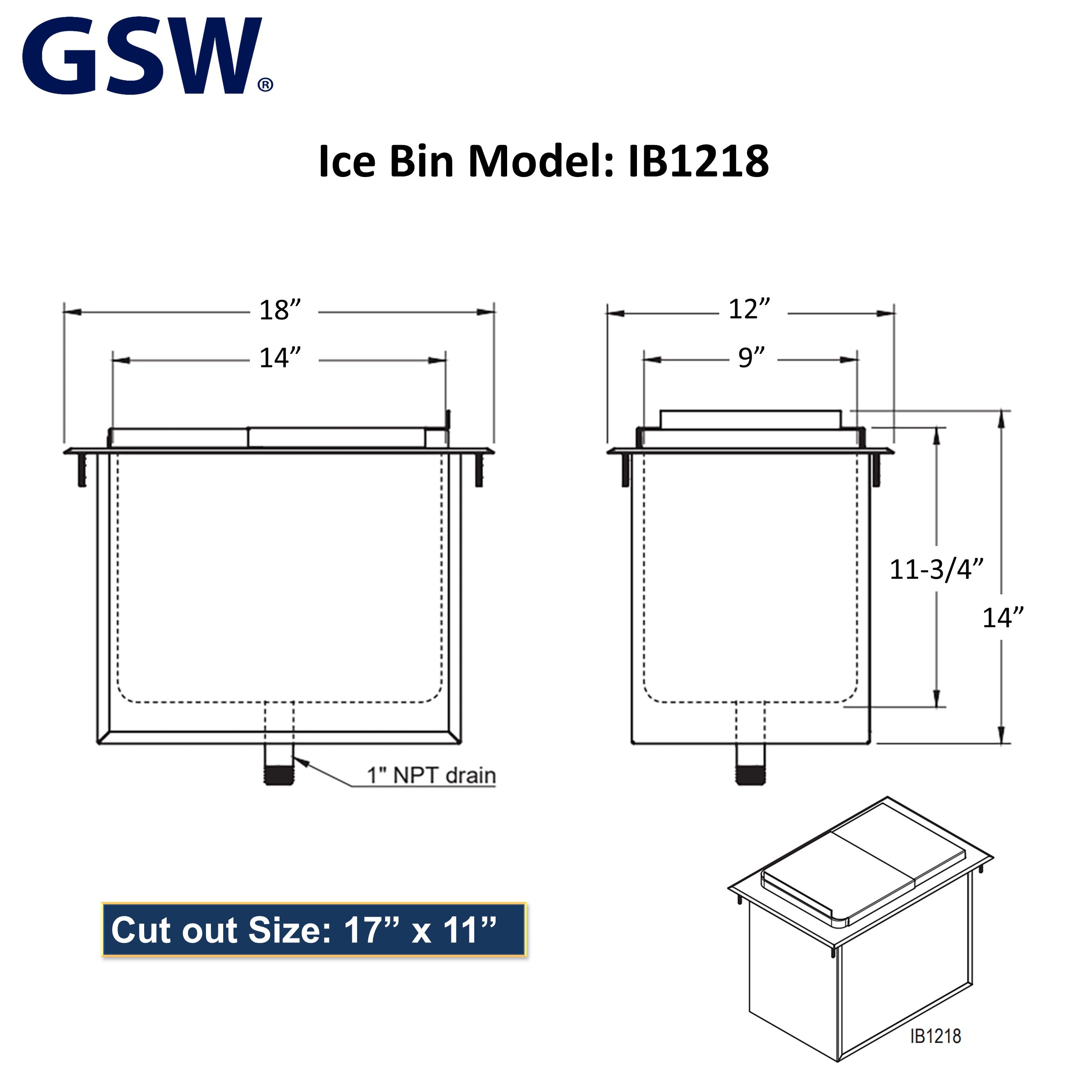 GSW IB1218 Stainless Steel Drop-In Ice Bin 18”D x 12”W x 14”H with Removable Sliding Cover, 9” x 14” Double Walled Ice Bin with 1” NPT Drain, for Storing Ice Cold Wine Beer