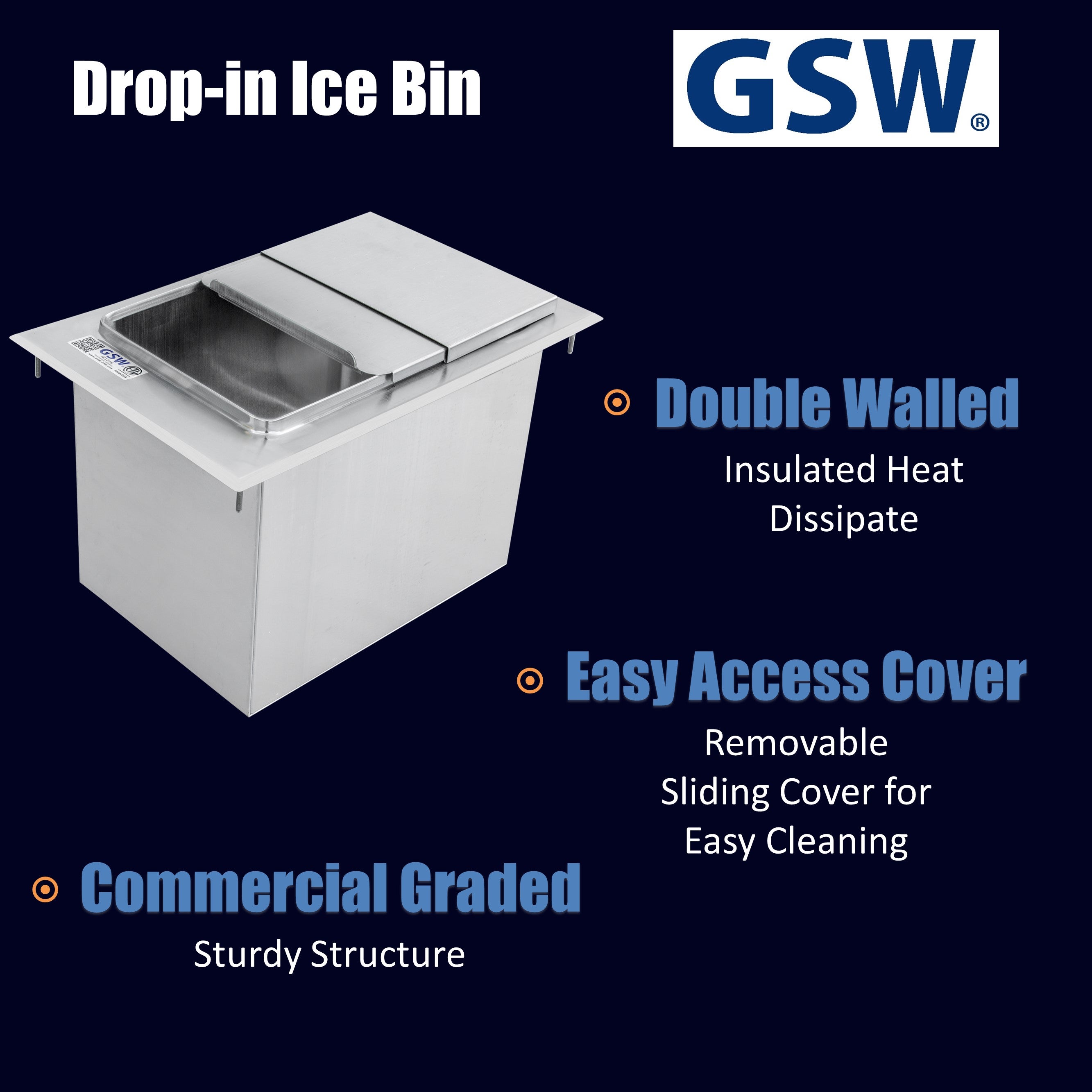 GSW IB1218 Stainless Steel Drop-In Ice Bin 18”D x 12”W x 14”H with Removable Sliding Cover, 9” x 14” Double Walled Ice Bin with 1” NPT Drain, for Storing Ice Cold Wine Beer