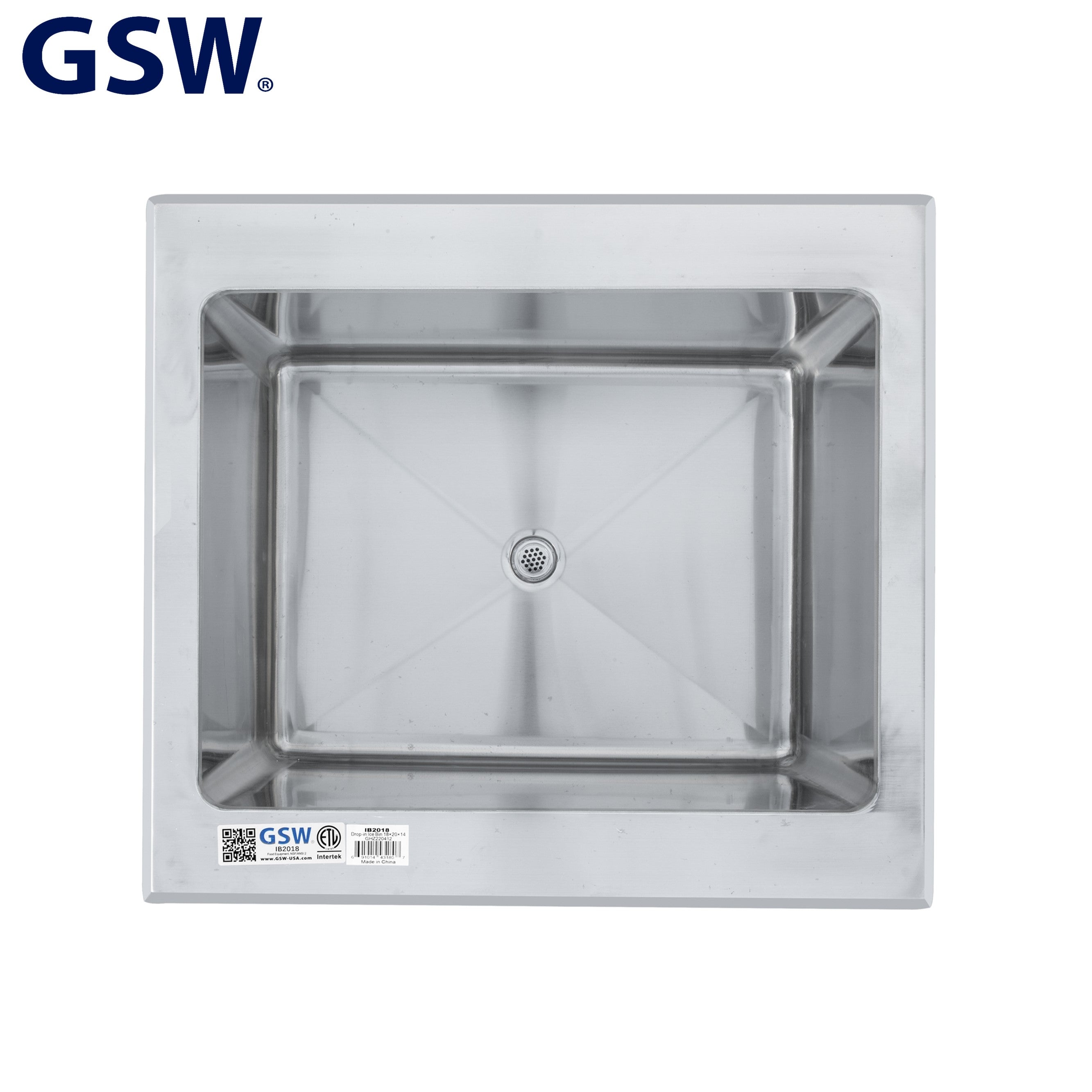 GSW IB2818 Stainless Steel Drop-In Ice Bin 18”D x 28”W x 14”H with Removable Sliding Cover, 9” x 14” Double Walled Ice Bin with 1” NPT Drain, for Storing Ice Cold Wine Beer