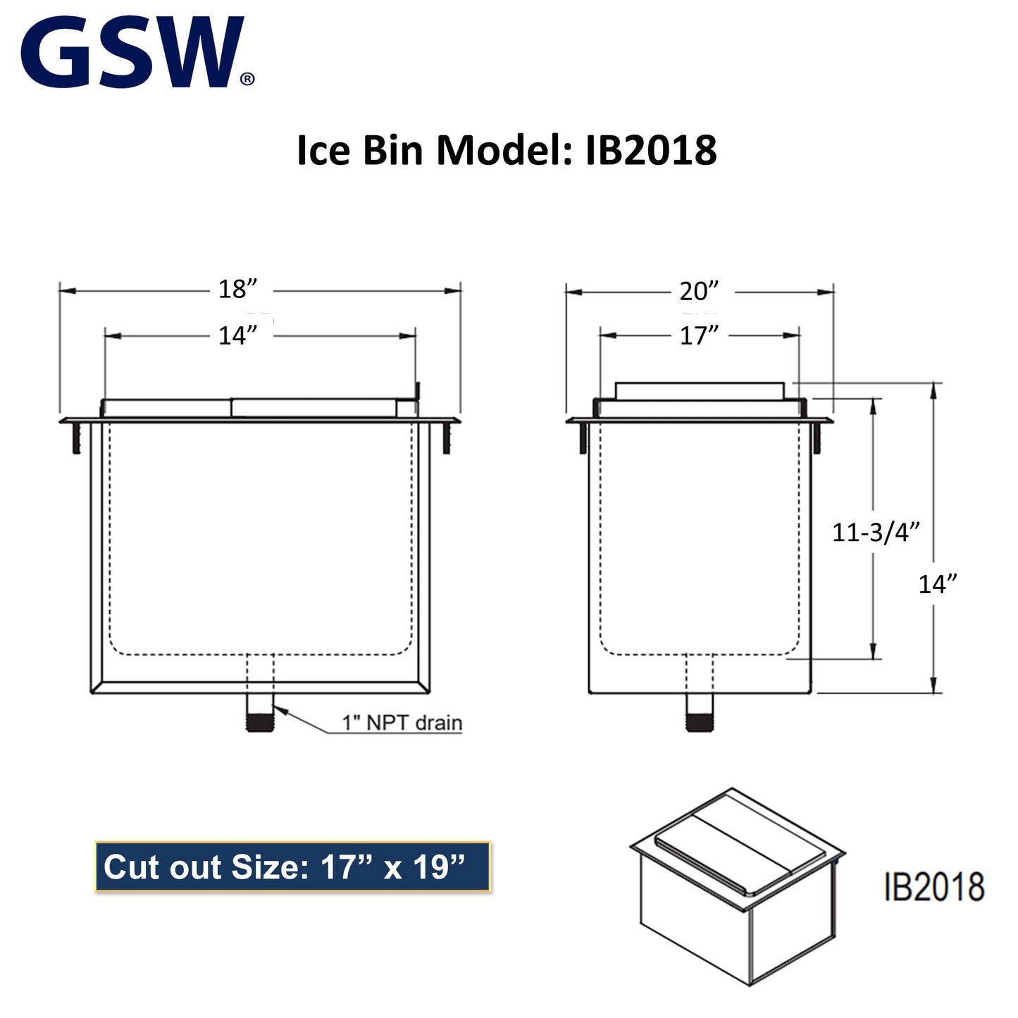 GSW IB2018 Stainless Steel Drop-In Ice Bin 18”D x 20”W x 14”H with Removable Sliding Cover, 9” x 14” Double Walled Ice Bin with 1” NPT Drain, for Storing Ice Cold Wine Beer