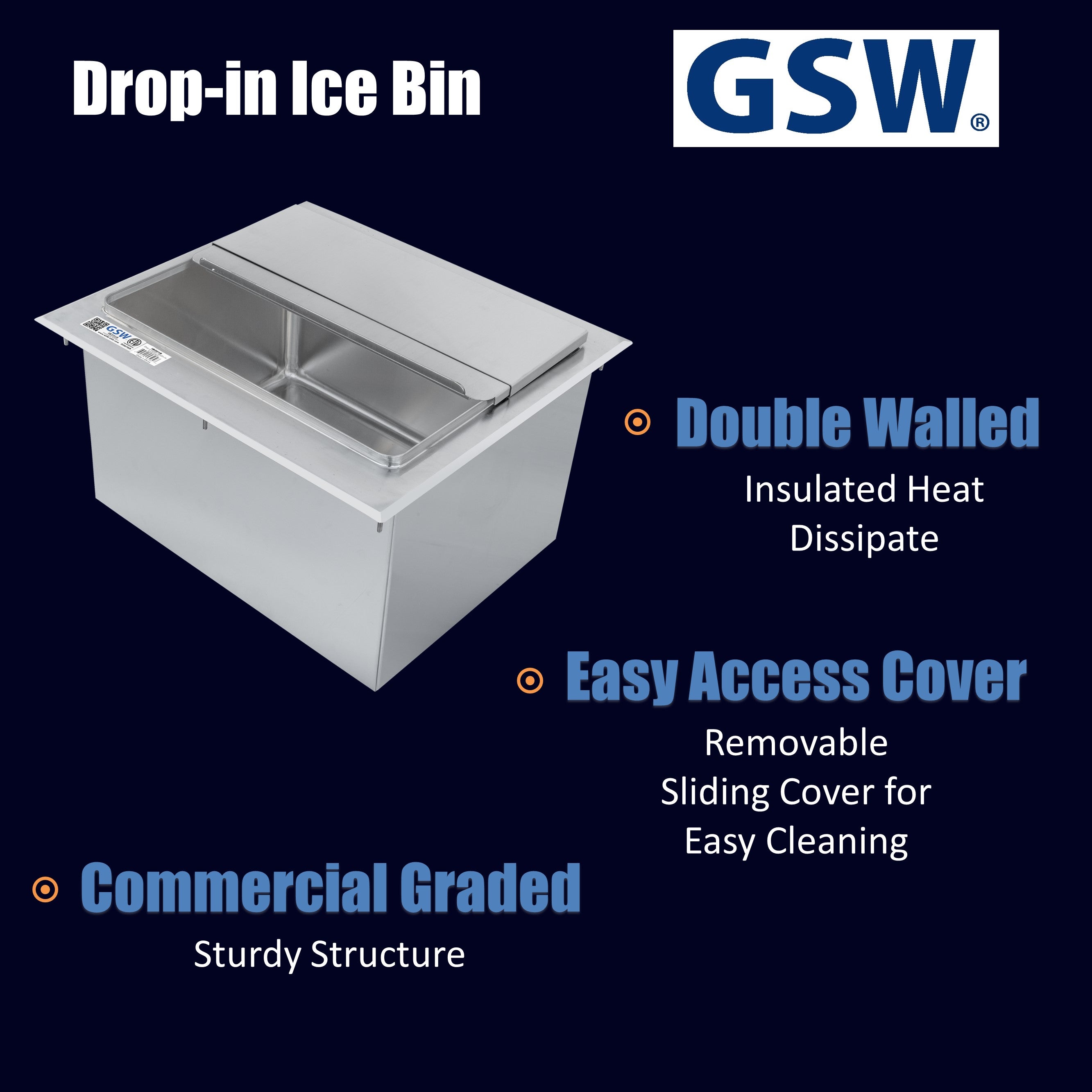 GSW IB2818 Stainless Steel Drop-In Ice Bin 18”D x 28”W x 14”H with Removable Sliding Cover, 9” x 14” Double Walled Ice Bin with 1” NPT Drain, for Storing Ice Cold Wine Beer