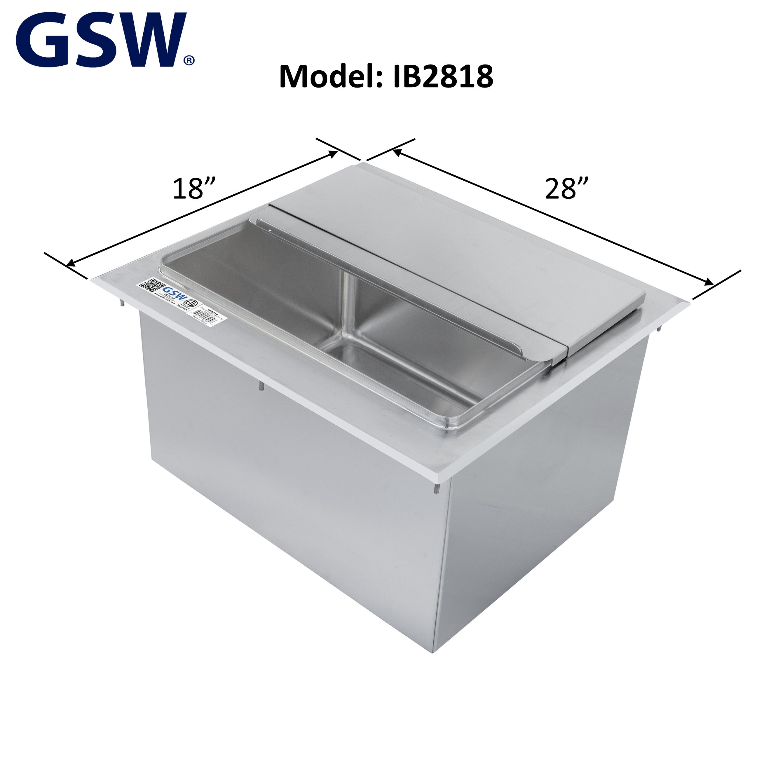 GSW IB2818 Stainless Steel Drop-In Ice Bin 18”D x 28”W x 14”H with Removable Sliding Cover, 9” x 14” Double Walled Ice Bin with 1” NPT Drain, for Storing Ice Cold Wine Beer