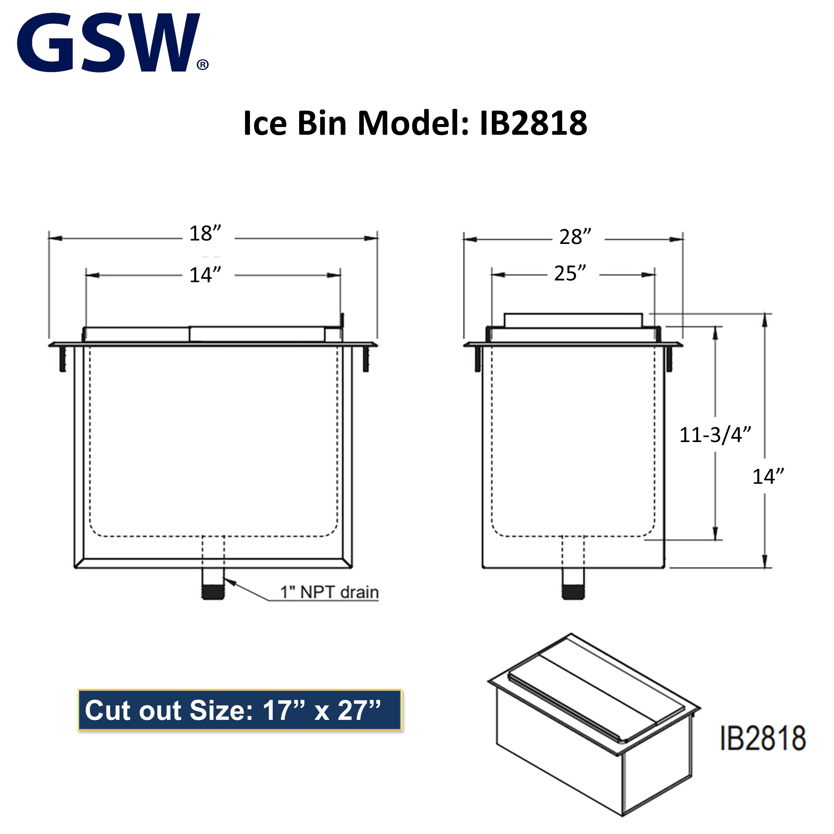 GSW IB2818 Stainless Steel Drop-In Ice Bin 18”D x 28”W x 14”H with Removable Sliding Cover, 9” x 14” Double Walled Ice Bin with 1” NPT Drain, for Storing Ice Cold Wine Beer