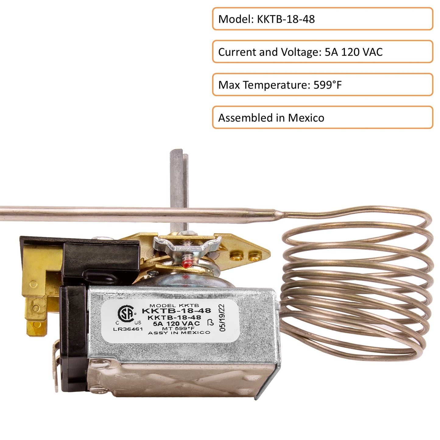 Robertshaw KKTB-18-48 Stove Oven Range Thermostat 5A 120VAC Max Temperature 599°F