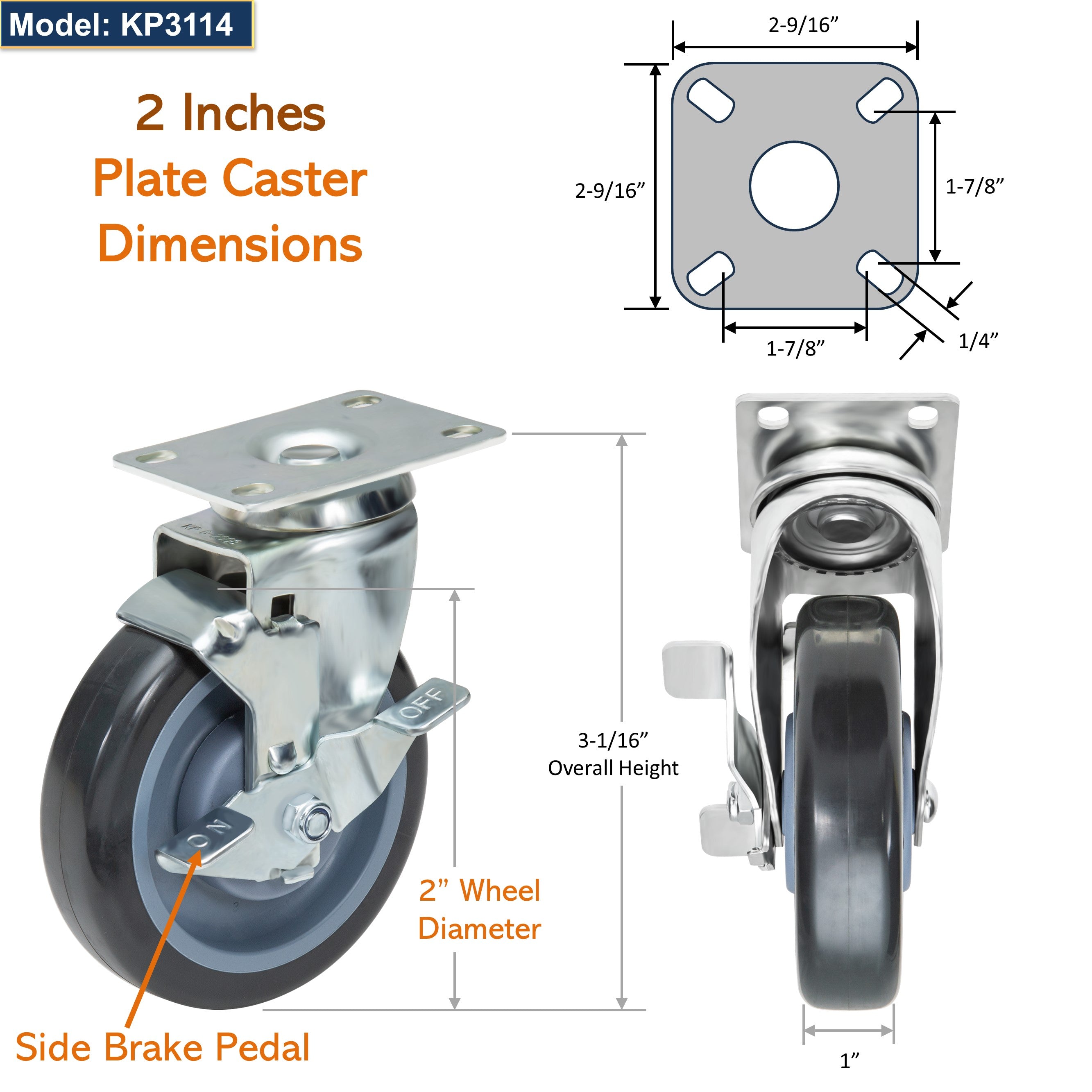 GSW 2" Plate Caster Set of 4, Industrial Casters with Capacity 600 LBs, Heavy Duty Casters - Use for Inventory Carts, Workbench, Platform Cart (Swivel with Brake)