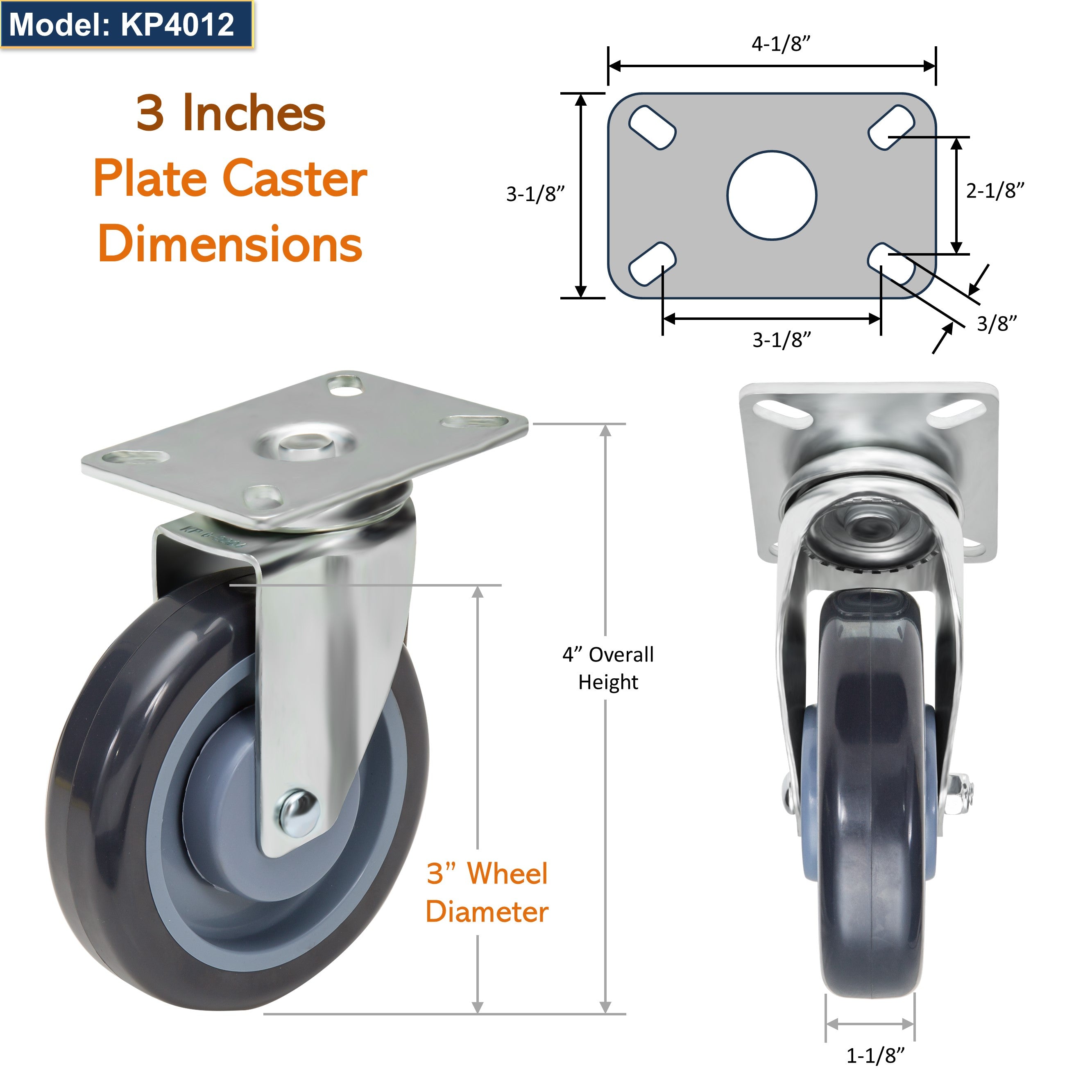 GSW 3" Plate Caster Set of 4, Industrial Casters with Capacity 1160 LBs, Heavy Duty Casters - Use for Inventory Carts, GSW Cart, Platform Cart (Swivel)