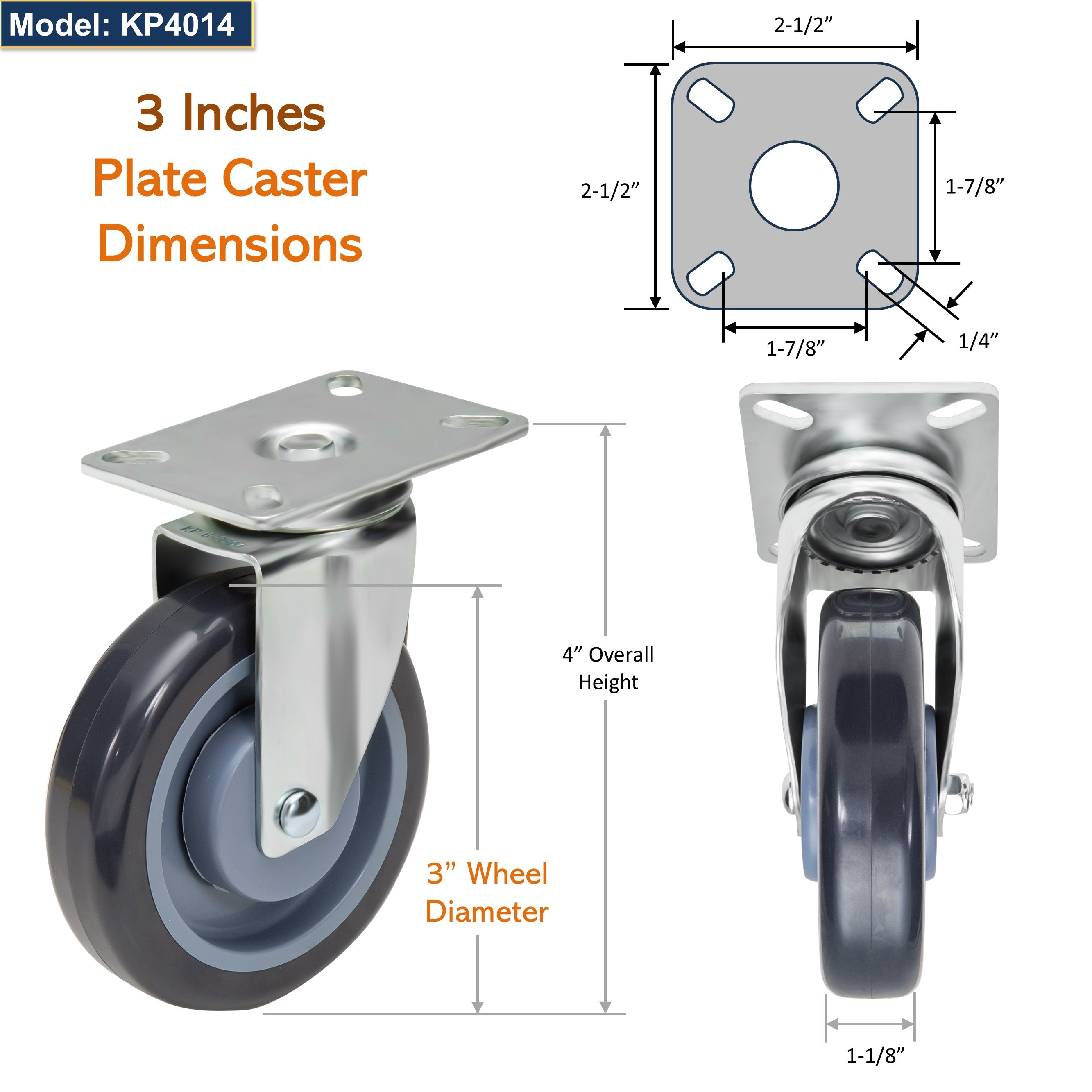 GSW 3" Plate Caster Set of 4, Industrial Casters with Capacity 1160 LBs, Heavy Duty Casters - Use for Inventory Carts, GSW Cart, Platform Cart (Swivel)