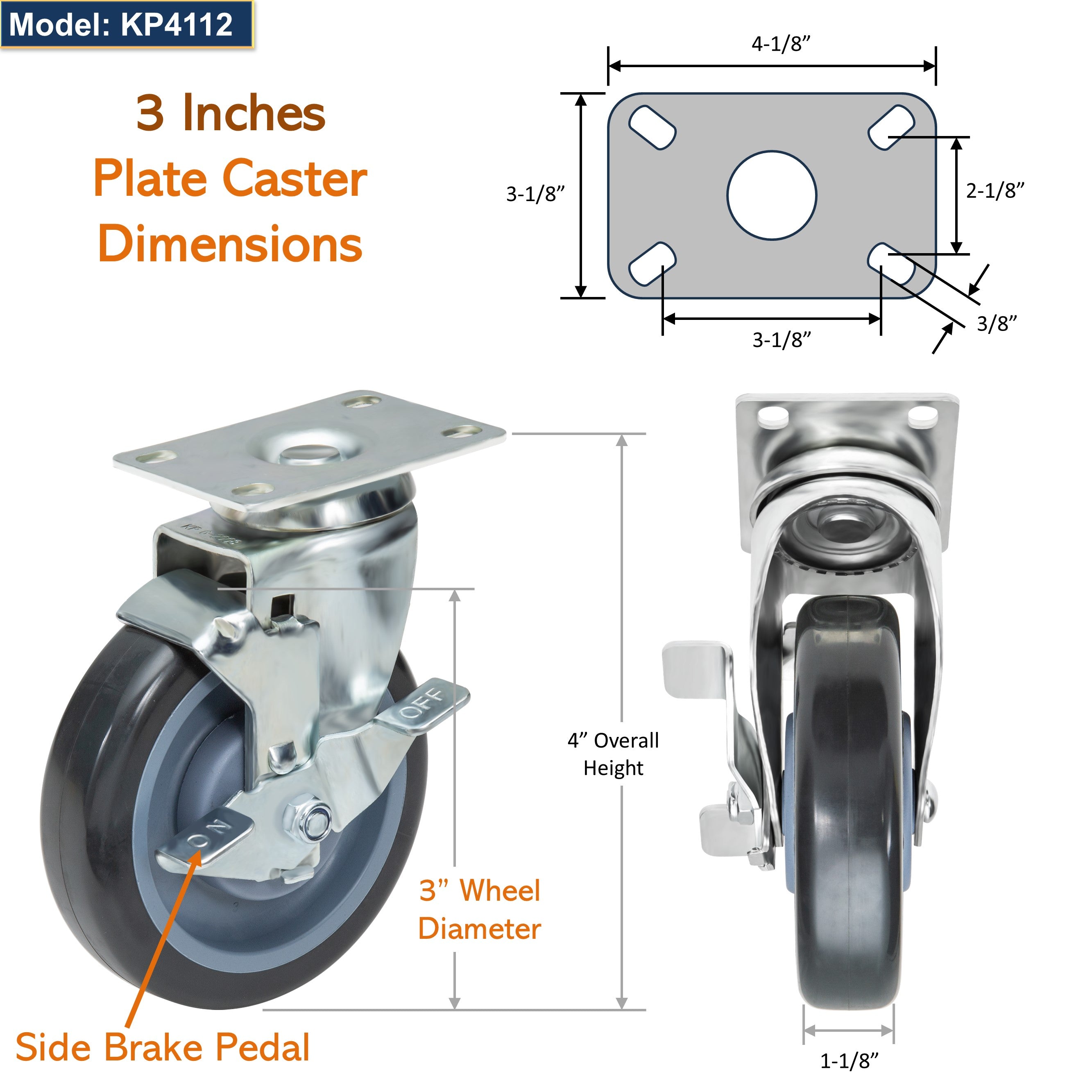 GSW 3" Plate Caster Set of 4, Industrial Casters with Capacity 1160 LBs,Heavy Duty Casters - Use for Inventory Carts, Workbench, Platform Cart (Swivel with Brake)