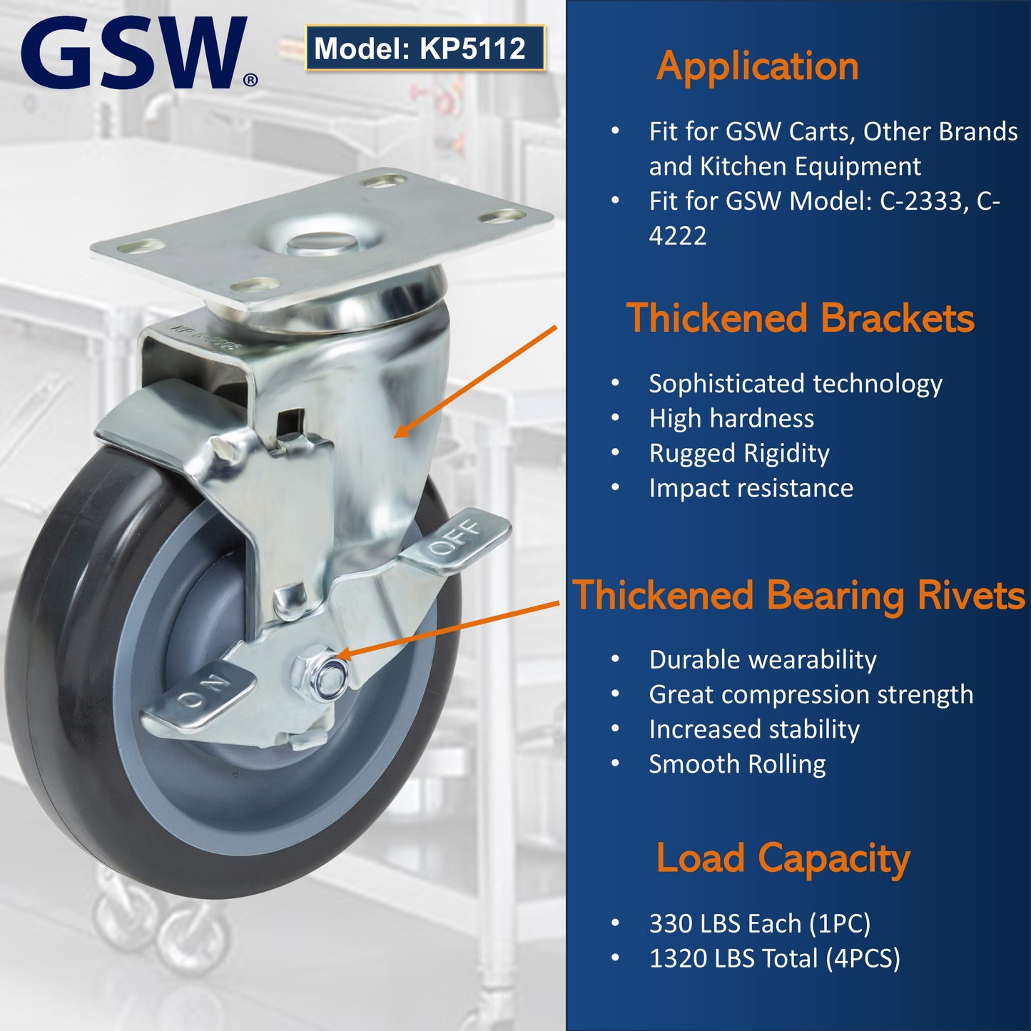 GSW 4" Plate Caster Set of 4, Industrial Casters with Capacity 1320 LBs, Heavy Duty Casters - Use for Inventory Carts, Workbench, Platform Cart (Swivel with Brake)