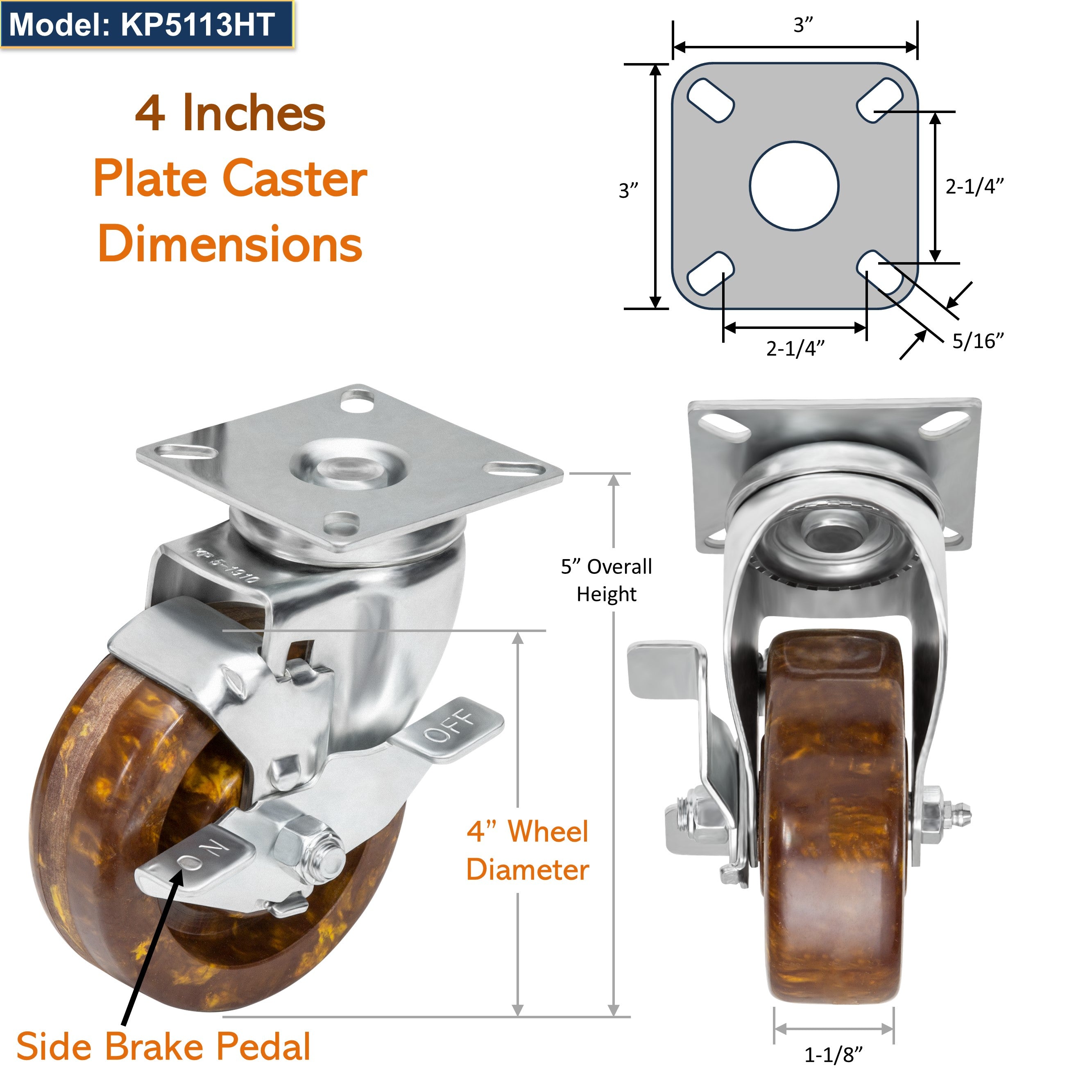 GSW 4" High Temperature Oven Rack Casters - Plate Casters - Set of 4 Phenolic Caster with 1200 Lbs Loading Capacity (Swivel with Brake)