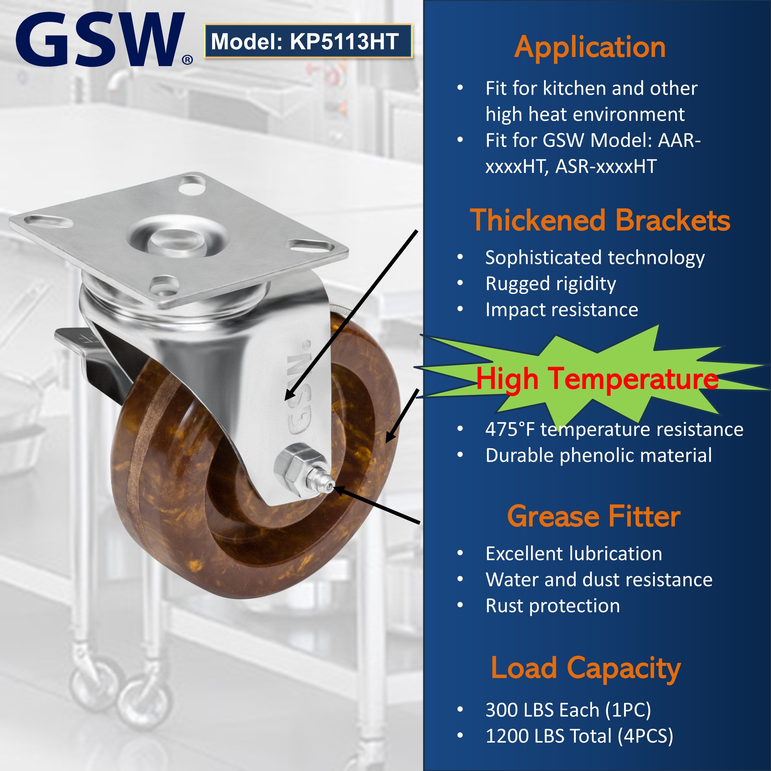GSW 4" High Temperature Oven Rack Casters - Plate Casters - Set of 4 Phenolic Caster with 1200 Lbs Loading Capacity (Swivel with Brake)