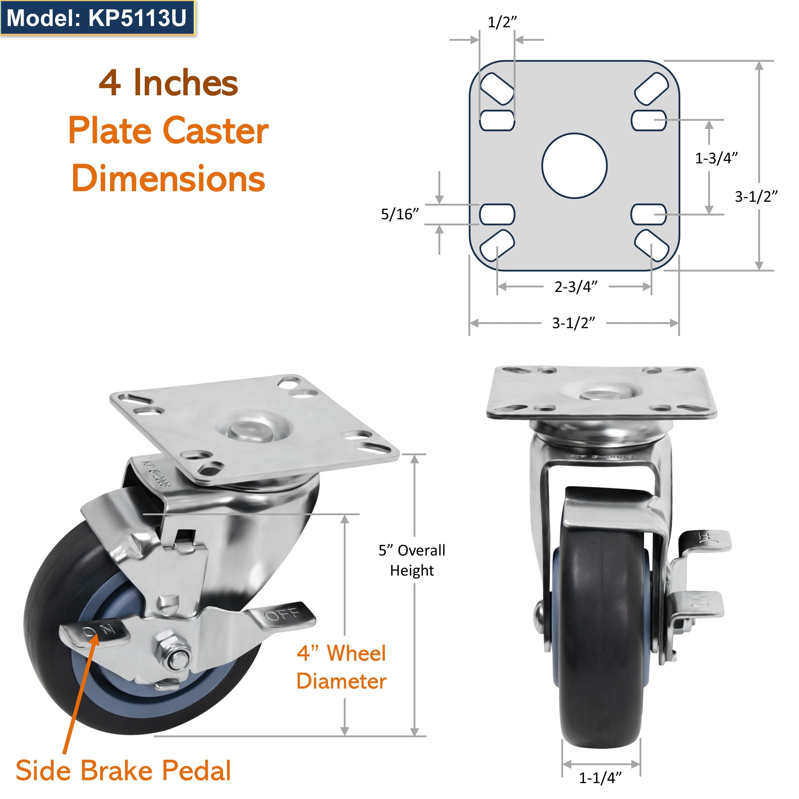 GSW 4" Low Temperature Casters - Plate Casters - Set of 4 Polyurethane Caster with 1320 Lbs Loading Capacity (Swivel with Brake)