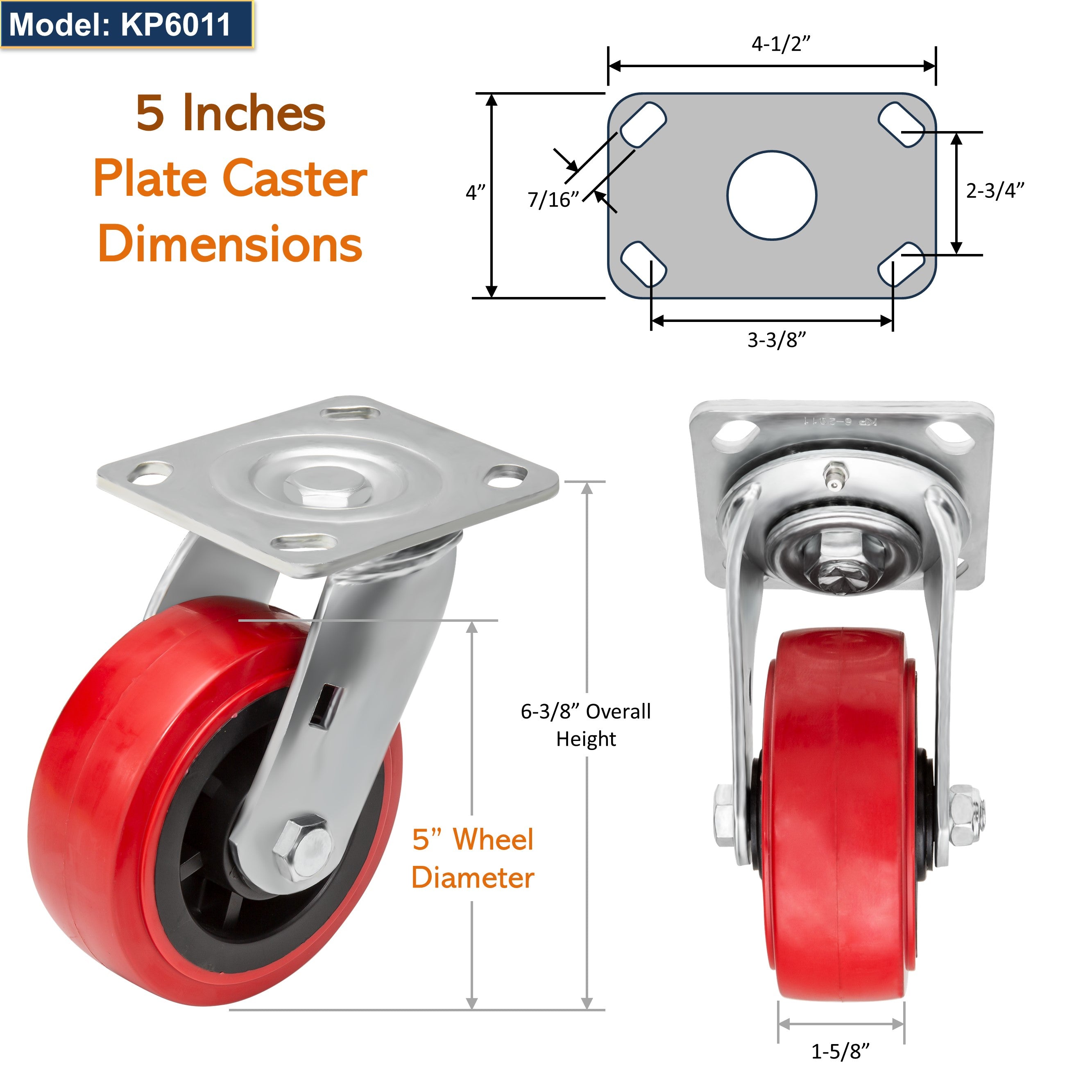 GSW 5" Industrial Casters - Heavy Duty Casters, Set of 4 Plate Casters with Loading Capacity of 2400 Lbs, Use for Heavy Equipment, Carts, and Workbench (4 Swivels)