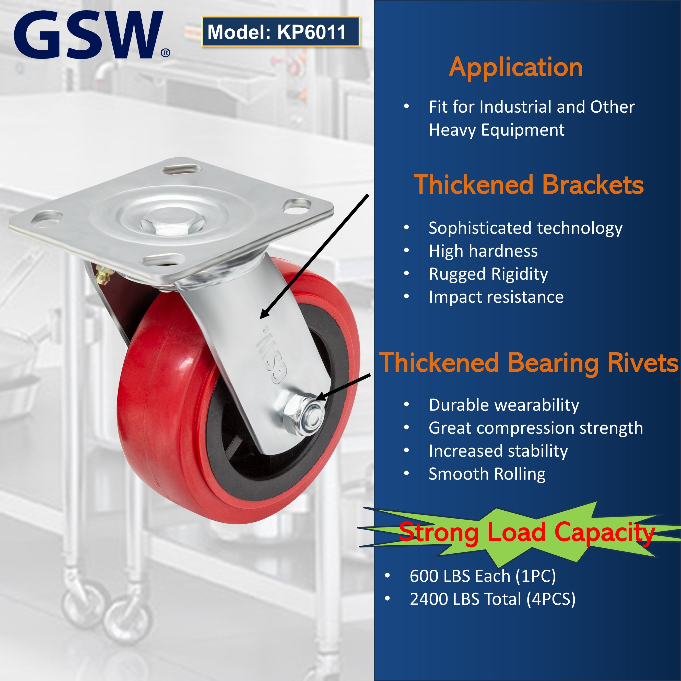 GSW 5" Industrial Casters - Heavy Duty Casters, Set of 4 Plate Casters with Loading Capacity of 2400 Lbs, Use for Heavy Equipment, Carts, and Workbench (4 Swivels)