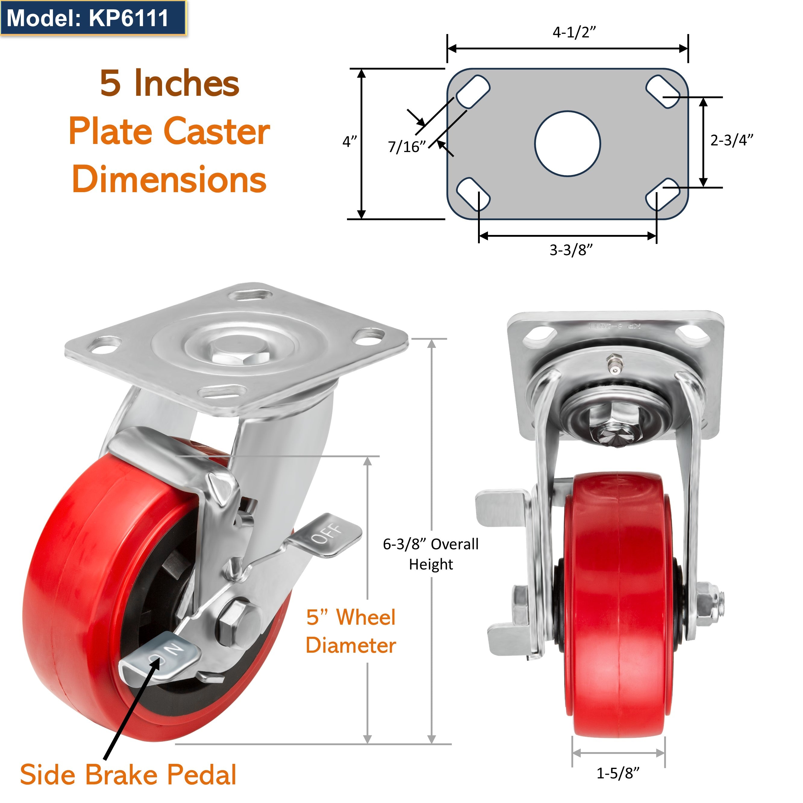 GSW 5" Industrial Casters - Heavy Duty Casters, Set of 4 Plate Casters with Loading Capacity of 2400 Lbs, Use for Heavy Equipment, Carts, and Workbench (4 Brakes)