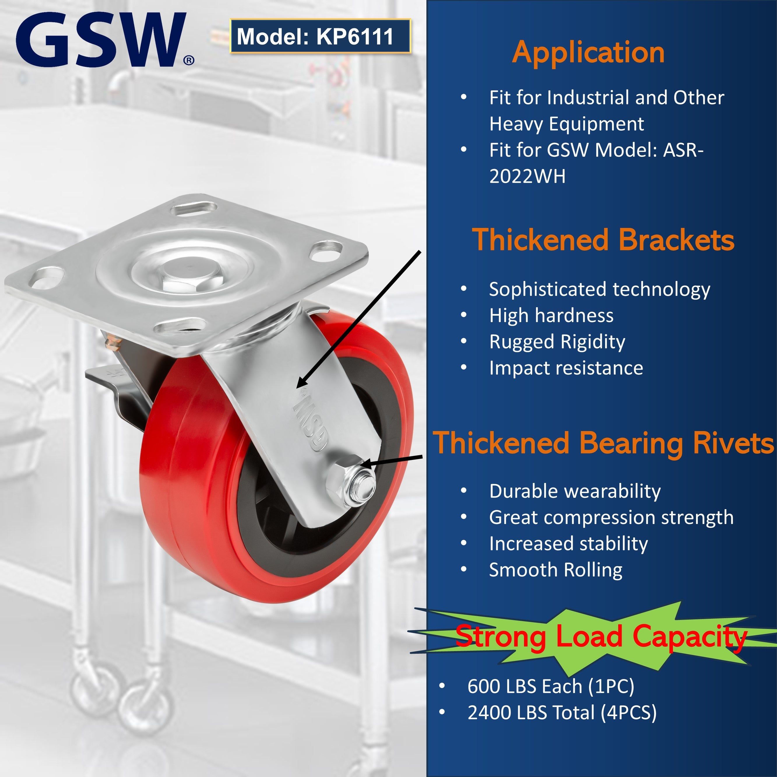 GSW 5" Industrial Casters - Heavy Duty Casters, Set of 4 Plate Casters with Loading Capacity of 2400 Lbs, Use for Heavy Equipment, Carts, and Workbench (2 Swivels and 2 Brakes)